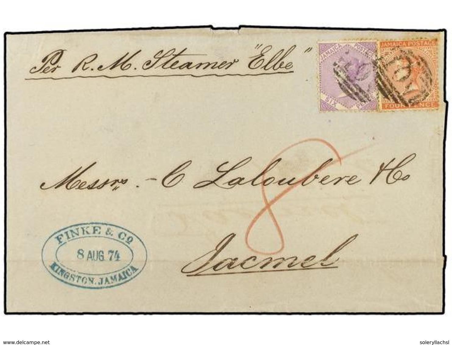 2982 JAMAICA. 1874 (Aug 8). Entire Letter At Double Rate From Kingston To Jacmel, Haiti On Steamer Elbe, With Manuscript - Other & Unclassified