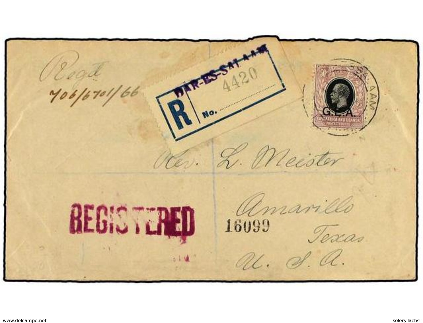 2987 AFRICA ORIENTAL BRITANICA. 1922. Registered Cover To AMARILLO, TEXAS; Bearing EAST AFRICA & UGANDA <B>50 C.</B> Opt - Sonstige & Ohne Zuordnung