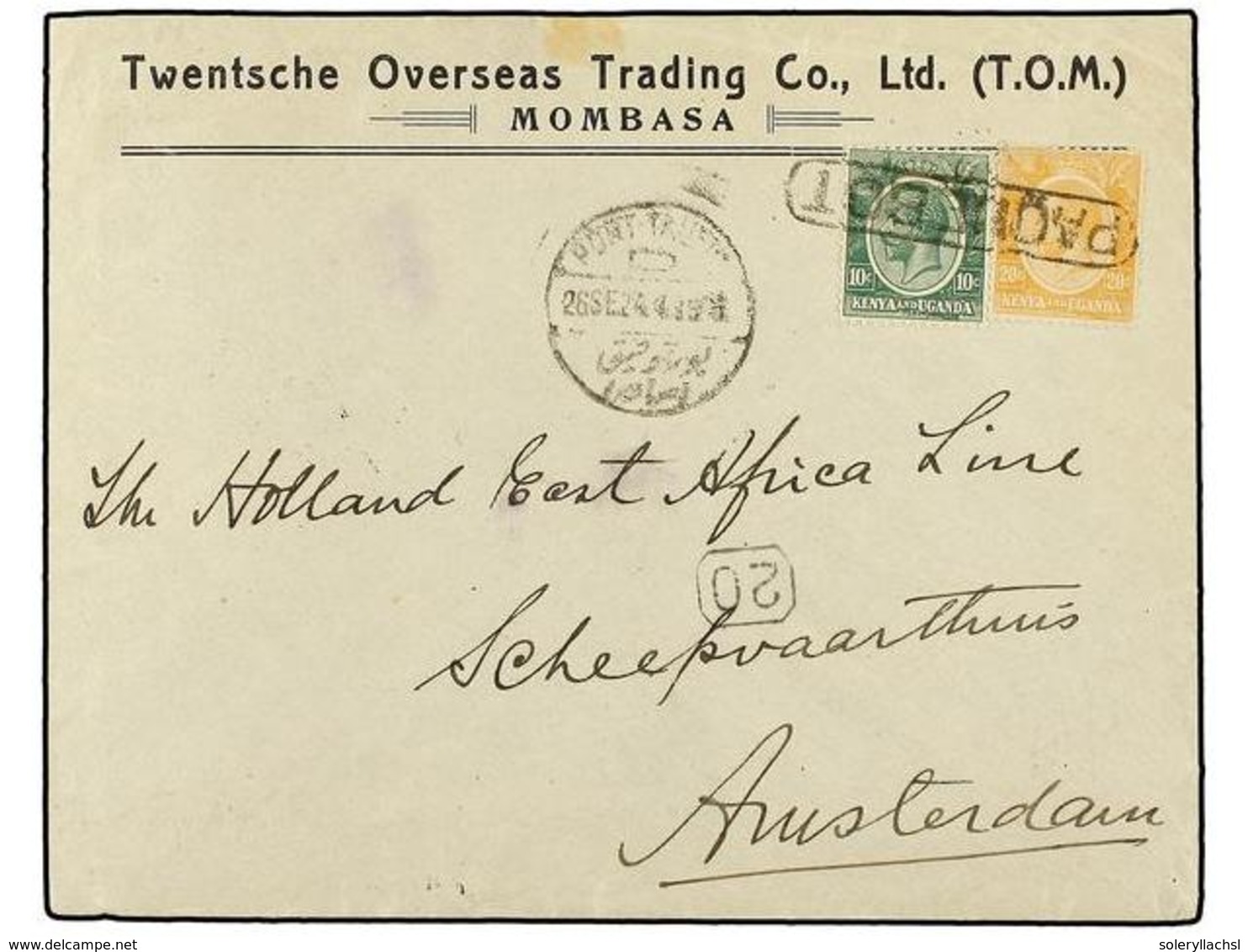 2988 KENIA. 1924. MOMBASA To HOLLAND. <B>10 Cts.</B> And <B>20 Cts.</B> Boxed <B>PAQUEBOT.</B> - Other & Unclassified