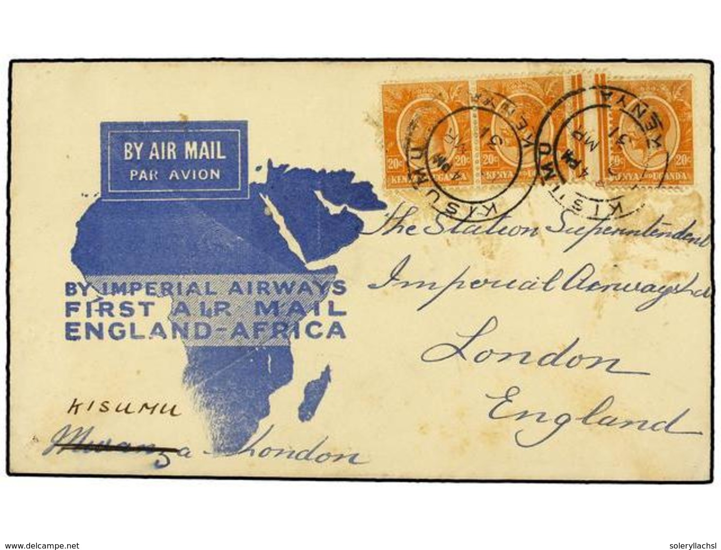 2990 KENIA. 1931. KISUMU To LONDON. <B>20 Cts.</B> Orange (3). <B>AIR MAIL</B> Cover, Arrival On Reverse. - Sonstige & Ohne Zuordnung