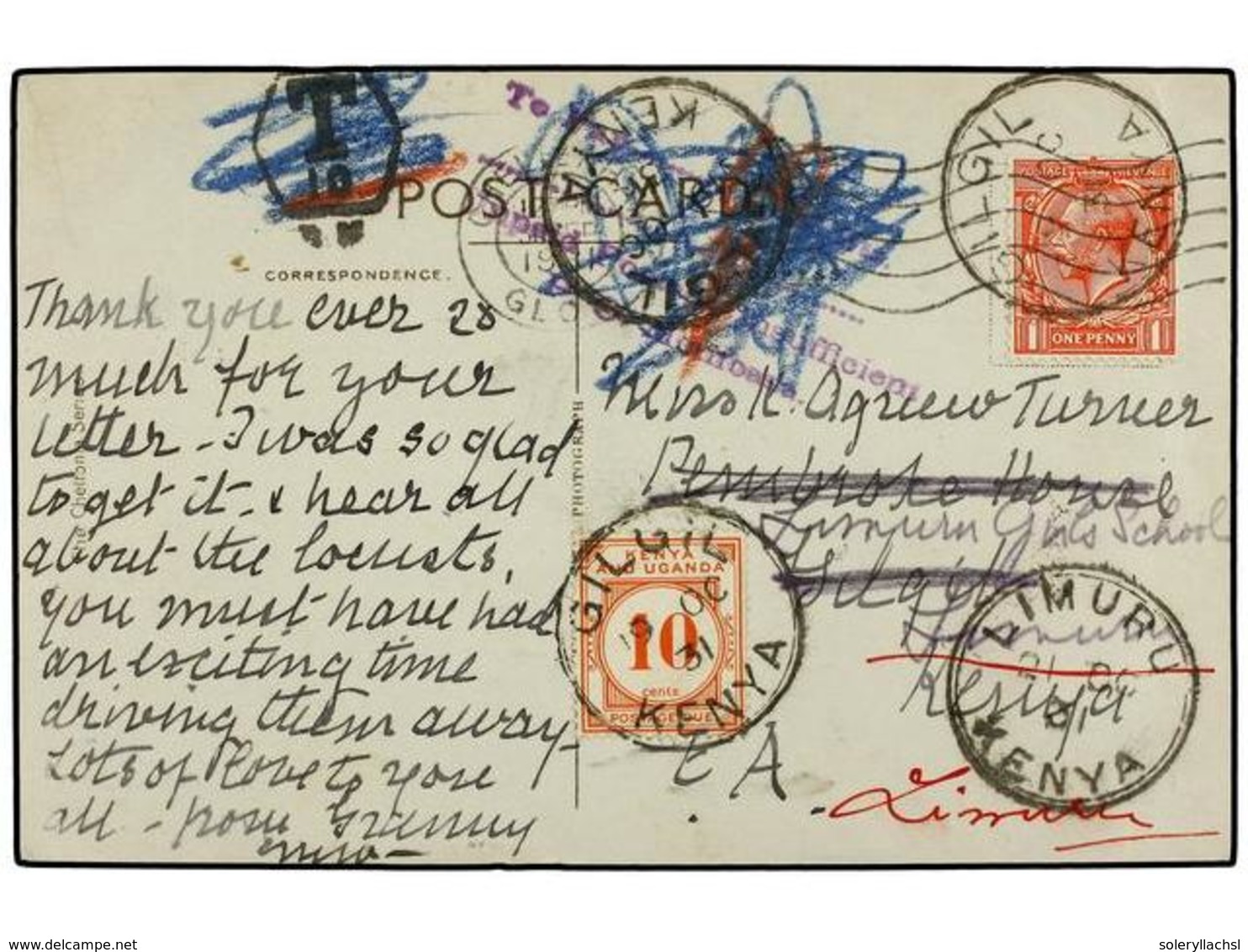 2991 KENIA. 1931. CHELTENHAM To GILGIL. Postcard Franked With <B>1 P. </B>red, Taxed With Kenia <B>10 Cents</B> Red And  - Other & Unclassified