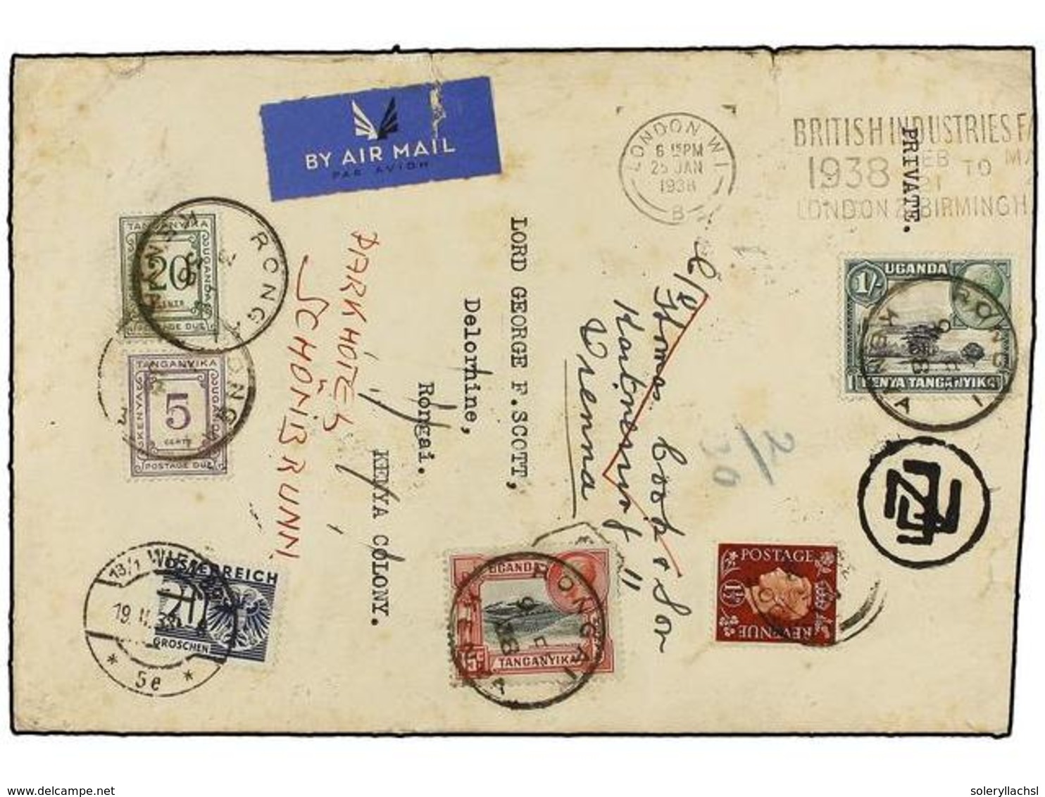 2994 KENIA. 1938. LONDON To RONGAI (Kenya) <B>1 1/2</B> Brown, Taxed On Arrival With Kenya <B>5 Cts.</B> Lilac And <B>20 - Other & Unclassified