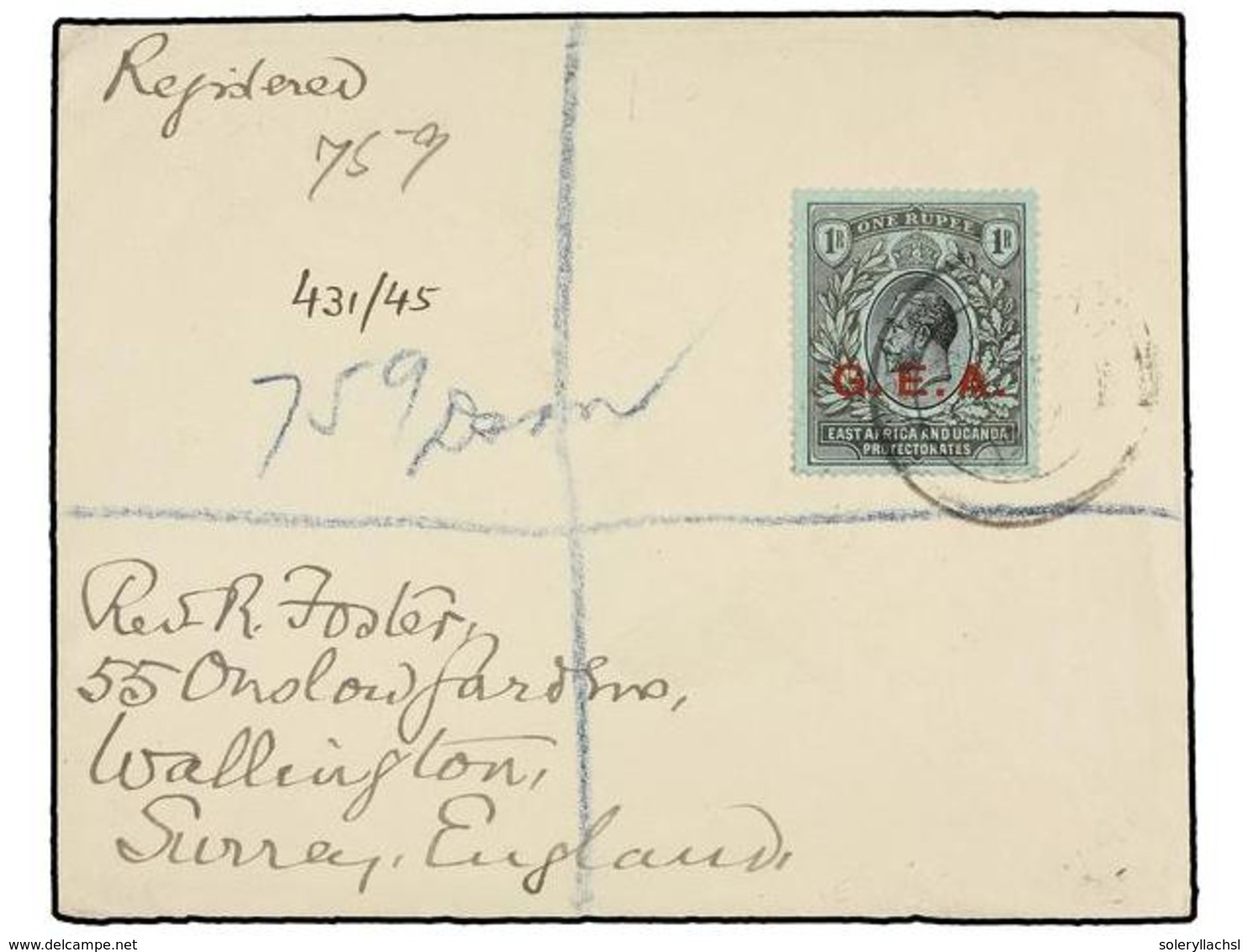 2996 TANGANIKA. Sg.55. 1919. Envelope Franked With <B>1 R. </B>black On Green, Arrival Cds On Reverse. - Other & Unclassified