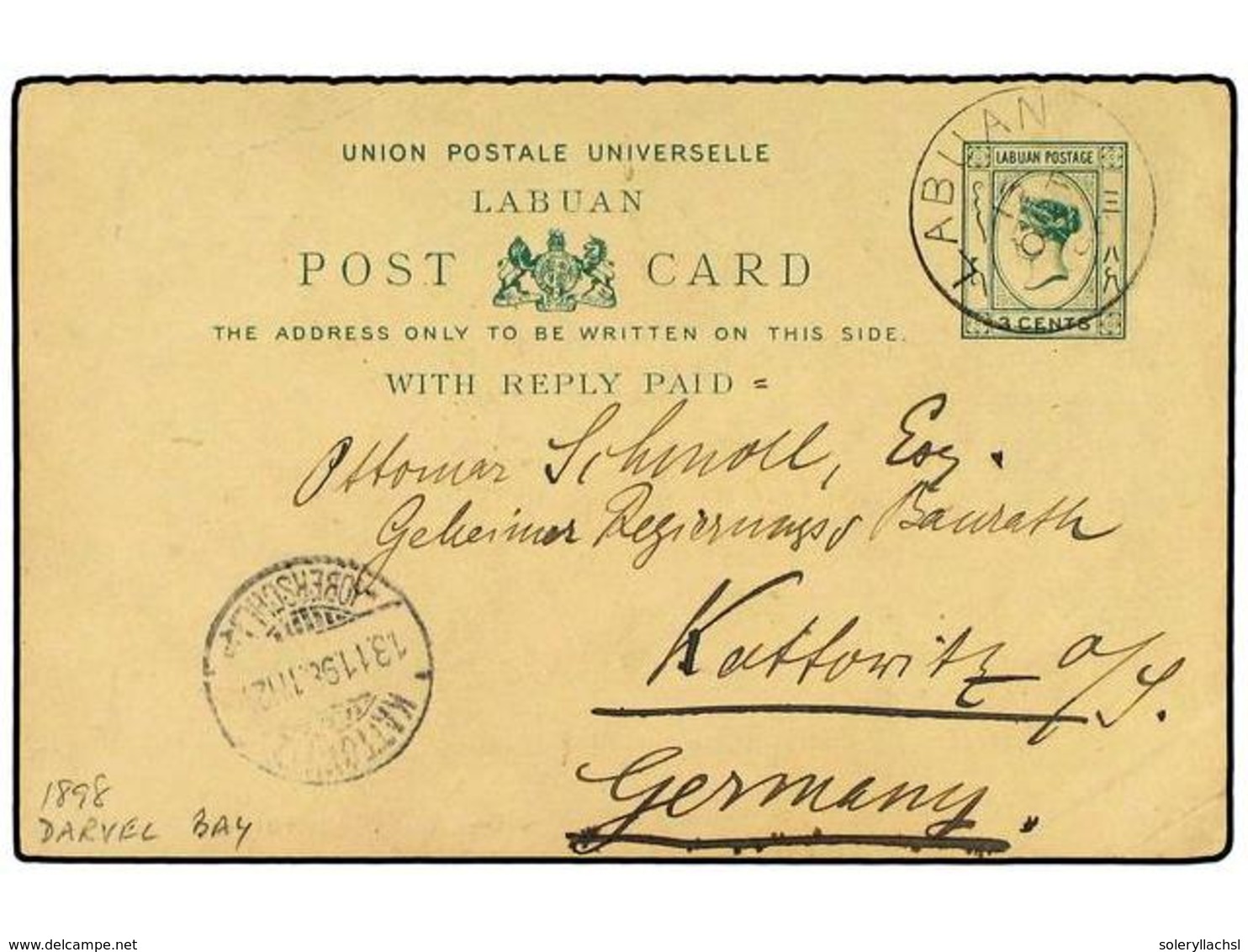 2997 LABUAN. 1898. <B>3 C.</B> Green Postal Stationery Card, H & G 4, Used To KATTOWITHZ, GERMANY Written From DARVEL BA - Sonstige & Ohne Zuordnung