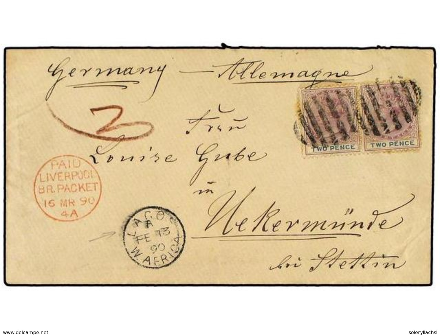 2998 LAGOS. 1890 (Feb 13). Cover To UEKERMUNDE Via Stettin From LAGOS Franked At 4 D. Rate With Pair Of 1887 <B>2 D.</B> - Sonstige & Ohne Zuordnung