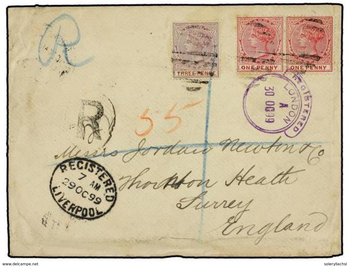 2999 LAGOS. 1899 (4 Oct.). Envelope Registered To ENGLAND, Bearing 1884 <B>1 D.</B> Rose-carmine Pair And 1891 <B>3 D.</ - Other & Unclassified
