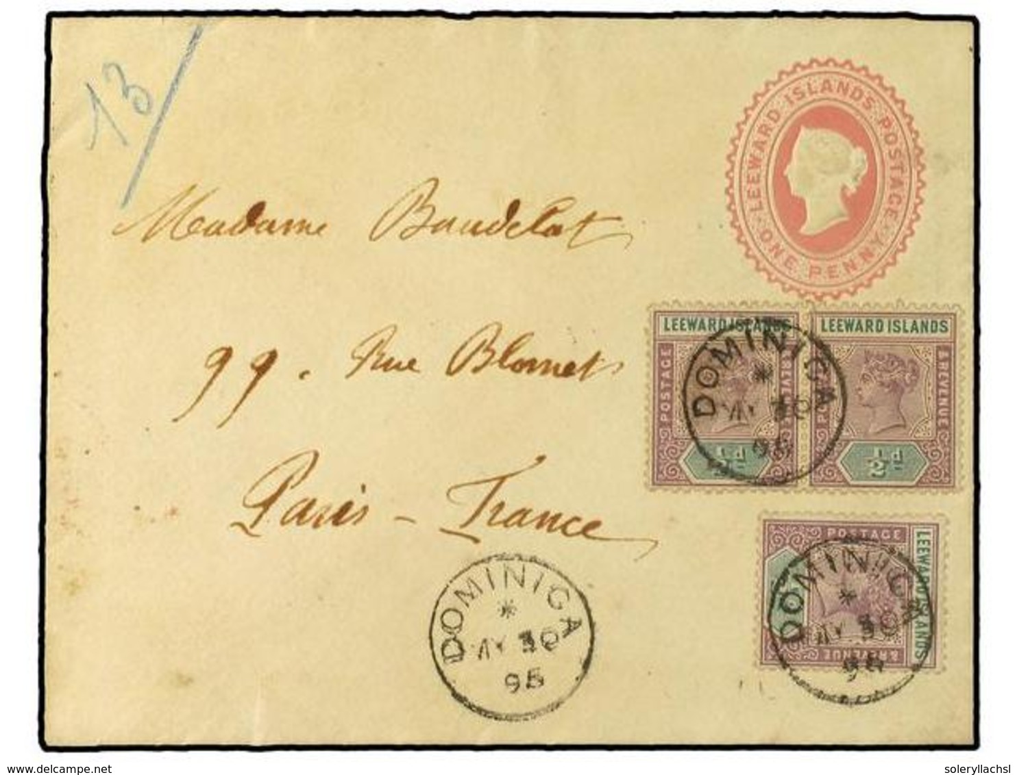 3002 LEEWARD. 1895 (April 30). <B>1d</B>. Pink Stationery Envelope Used To France, Up-rated With 1890 <B>½d</B>. Dull Ma - Sonstige & Ohne Zuordnung