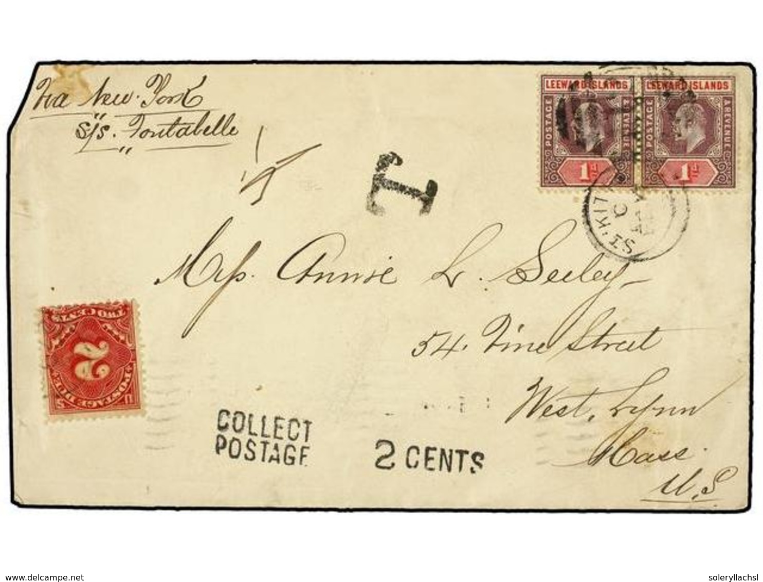 3005 LEEWARD. 1903. ST. KITT'S To U.S.A. <B>1 D. </B>lilac And Red (2), Taxed On Arrival With U.S.A. <B>2 Cents </B>red  - Other & Unclassified