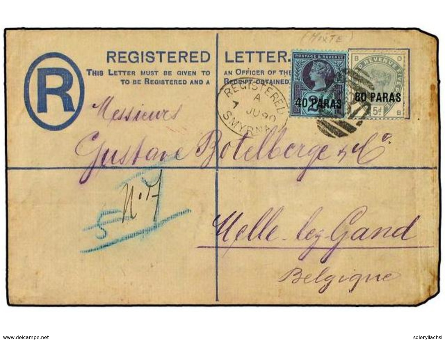 3007 LEVANTE: CORREO INGLES. 1890 (7 June). Great Britain Registered <B>2 D.</B> Stationery Envelope (flap At Back A Lit - Other & Unclassified