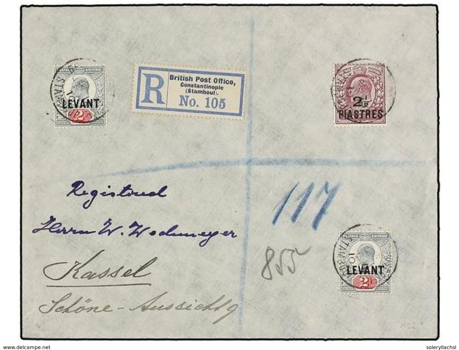 3009 LEVANTE: CORREO INGLES. Sg.24, L4 (2). 1910. CONSTANTINOPLE To GERMANY. <B>2 D.</B> Green And Red (2) And <B>2 1/2  - Other & Unclassified