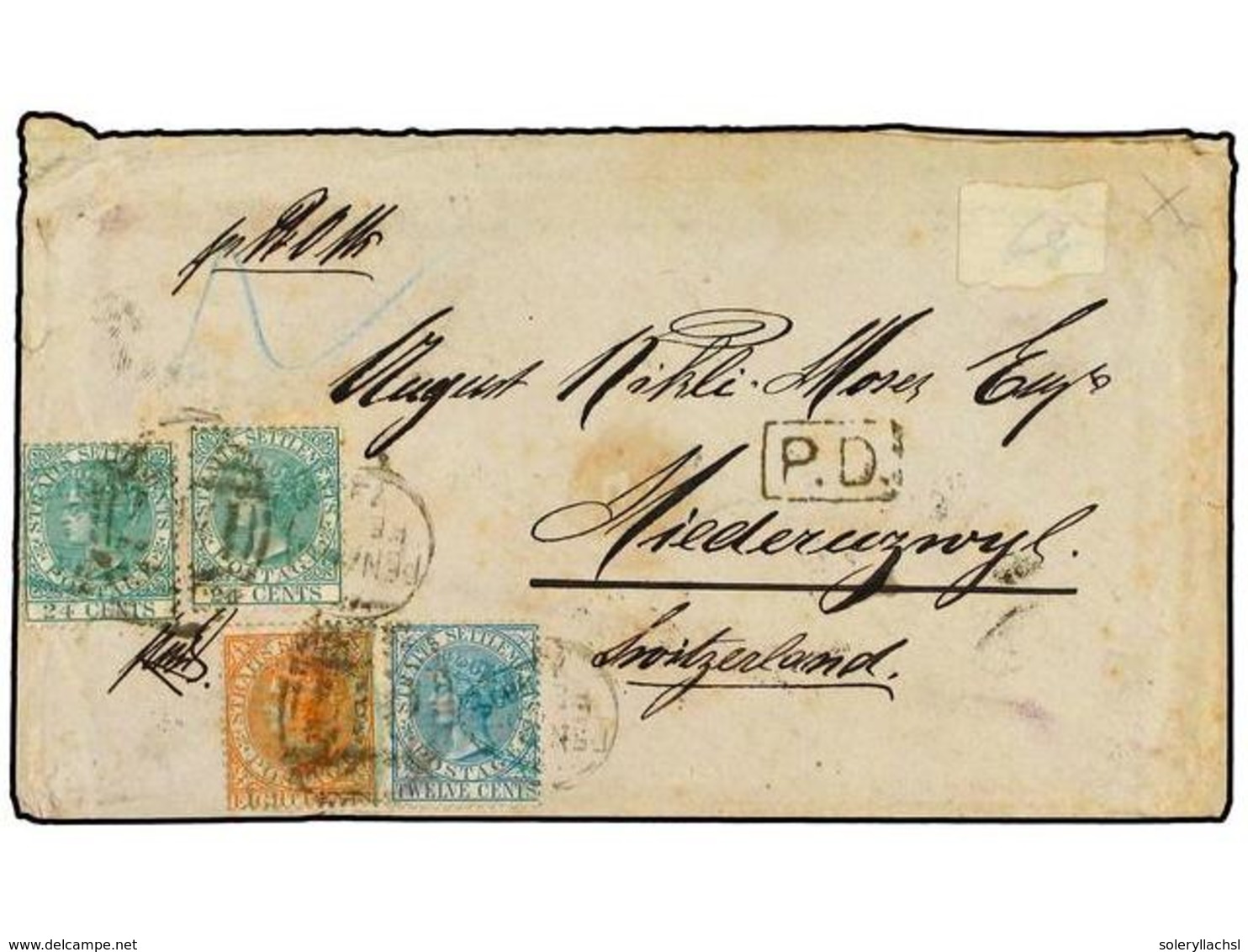 3014 MALAYA. 1875. <B>MALAYA. </B>Cover Used To SWITZERLAND Bearing <B>8 C., 12 C. & 24 C. (2)</B> (SG 14a, 15a, 16) All - Other & Unclassified