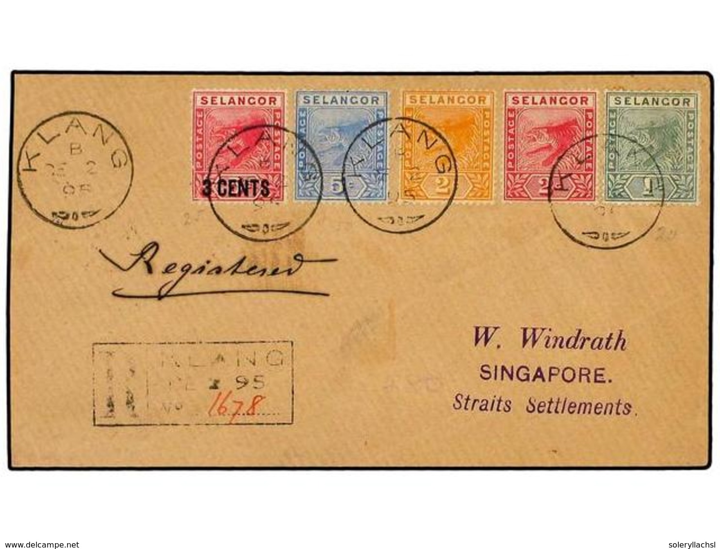 3016 MALAYA. 1895. Registered Windrath Cover To SINGAPORE Franked By 1891-95 <B>1 C., 2 C.</B> Both Colours And <B>5 C.< - Sonstige & Ohne Zuordnung