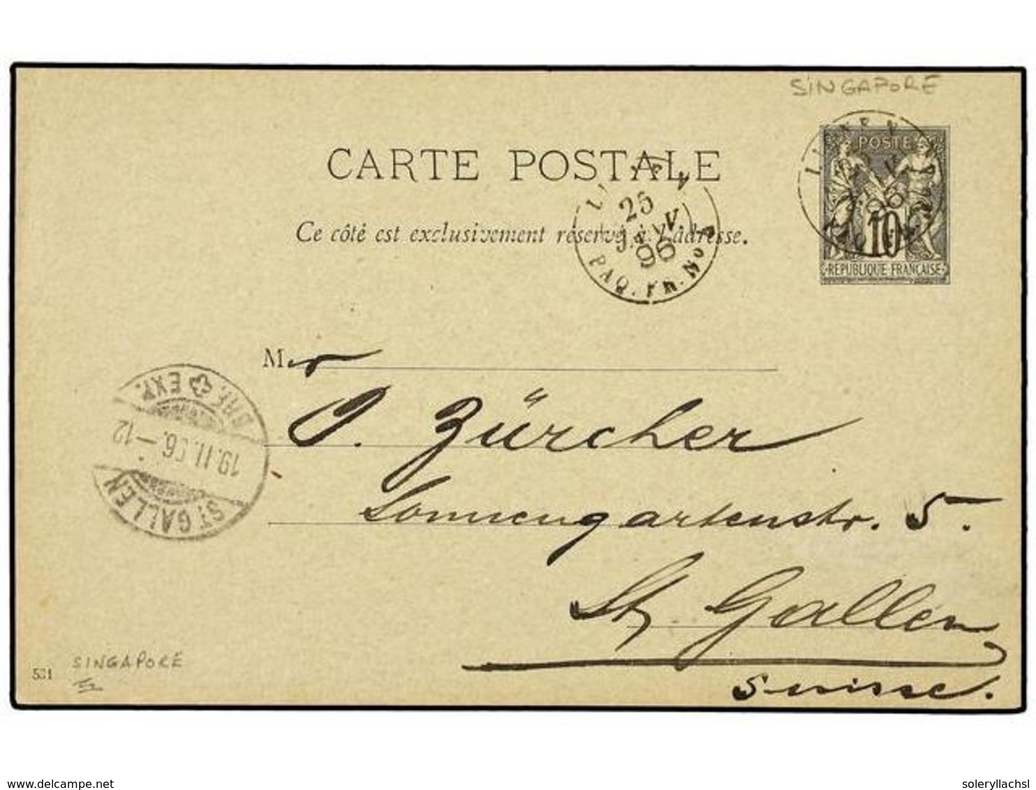 3018 MALAYA. 1896 (Jan 25). France <B>10c.</B> Black On Straw Postal Stationery Card, Written In German With 'Bord Str.  - Other & Unclassified
