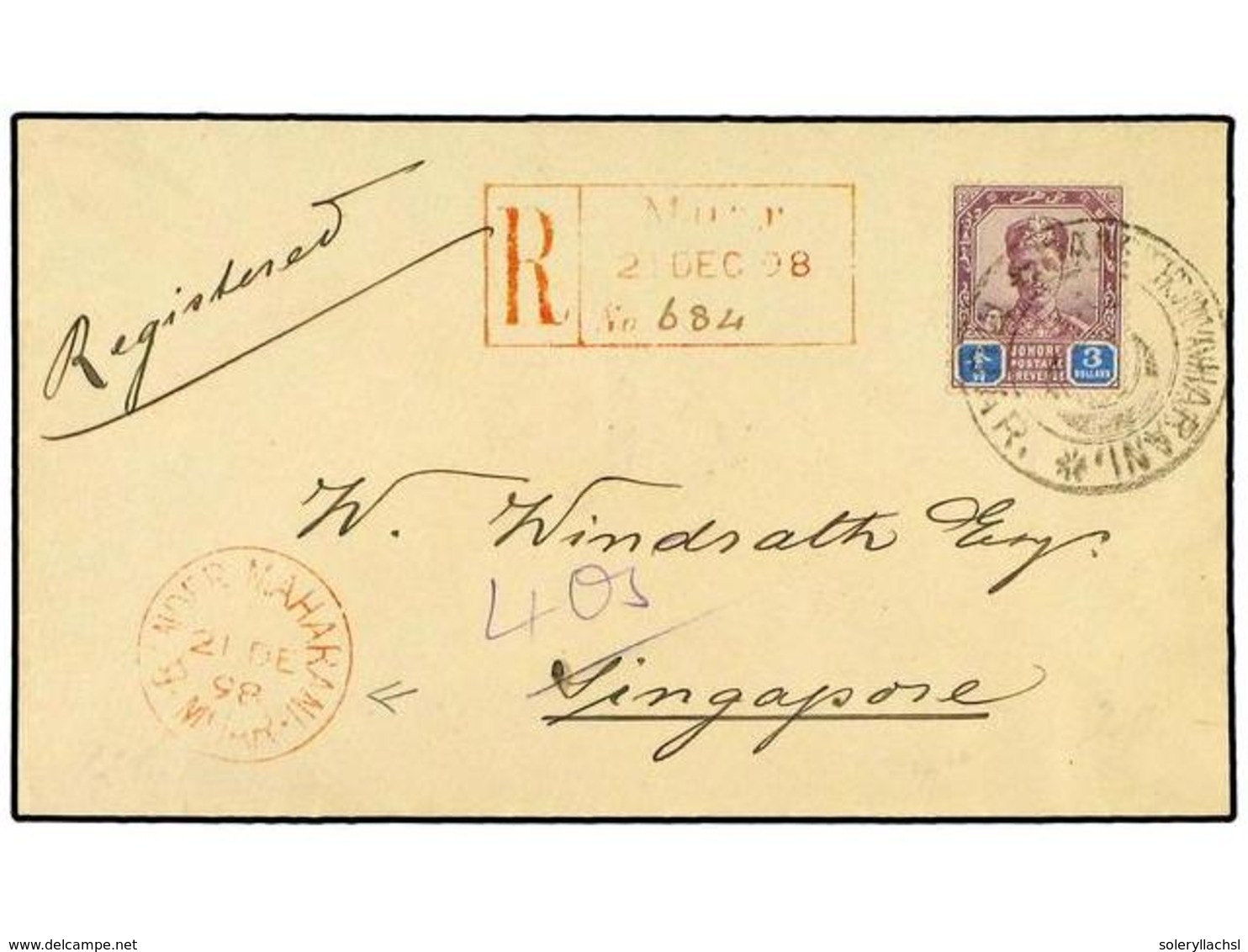 3020 MALAYA: JOHORE. 1898. Registered Cover To SINGAPORE Franked By Single 1898 <B>$ 3</B> Dull Purple And Blue, SG 51,  - Other & Unclassified