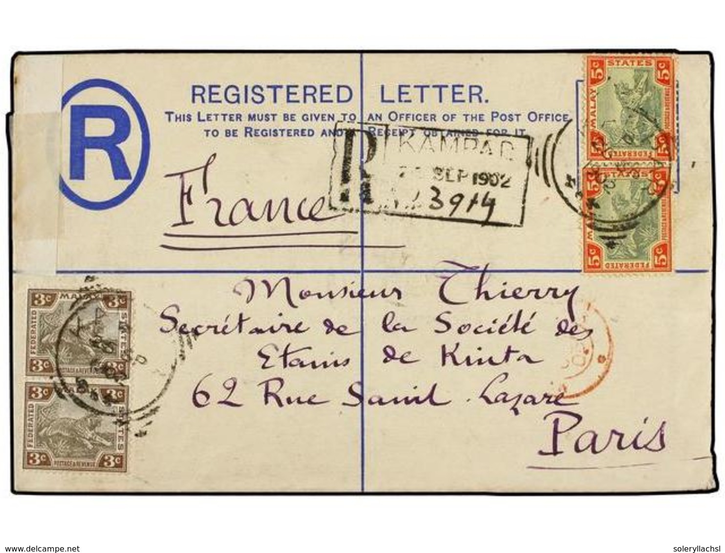 3024 MALAYA: FEDERACION DE ESTADOS. 1902. FMS <B>5 C.</B> Ultramarine Registered Stationery Envelope Used To PARIS And U - Sonstige & Ohne Zuordnung