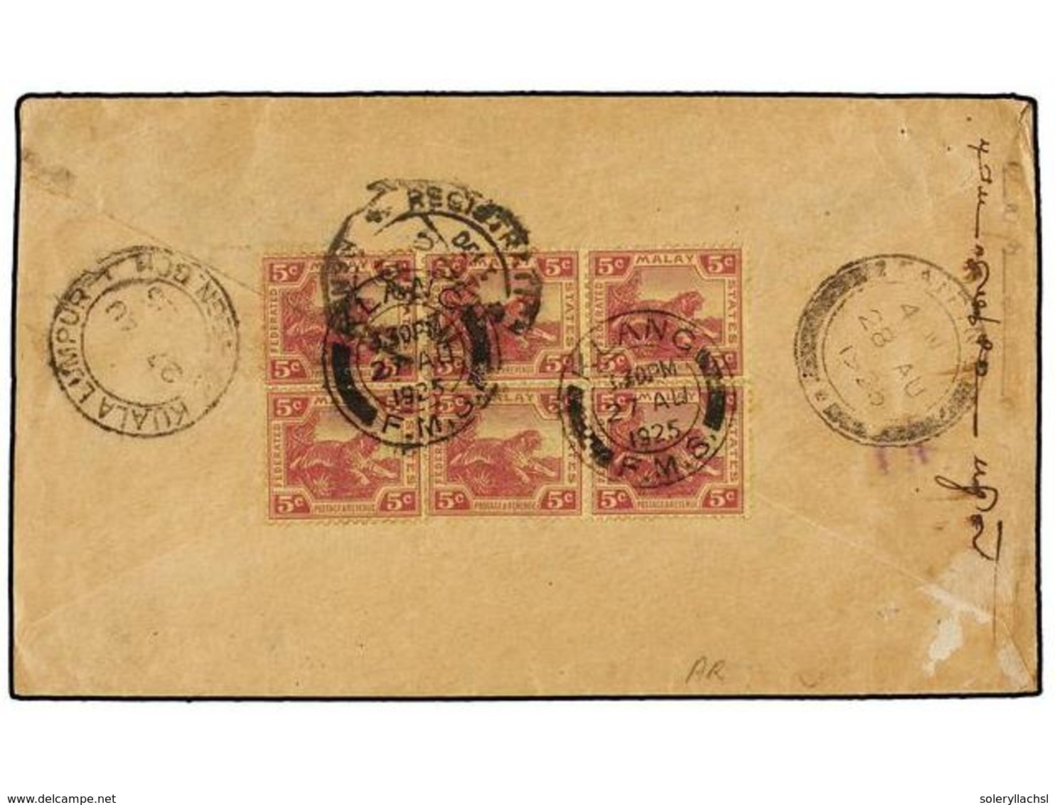 3028 MALAYA. 1925. KLANG To RANGOON (Burma) Franked On Reverse With Six <B>5 Cts.</B> Stamps, Registered <B>+ AR. </B> - Other & Unclassified