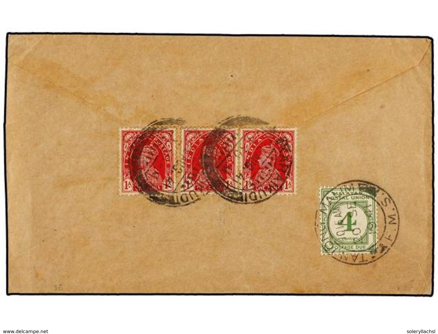 3034 MALAYA. 1941. KARAIKUDI (India) To TANJONGMALIM. <B>1 Anna</B> (3) Taxed On Arrival With Malaya <B>4 Cts.</B> Green - Sonstige & Ohne Zuordnung