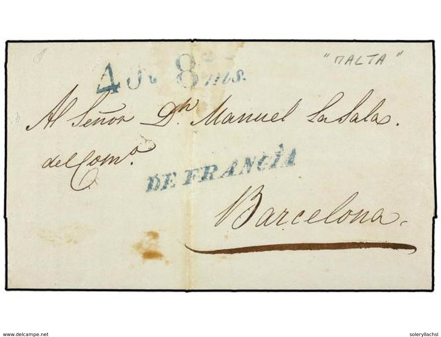 3044 MALTA. 1839 (Feb. 17). Entire Letter From MALTA To BARCELONA Struck With <B>DE FRANCIA</B> Handstamp With Rate Mark - Other & Unclassified