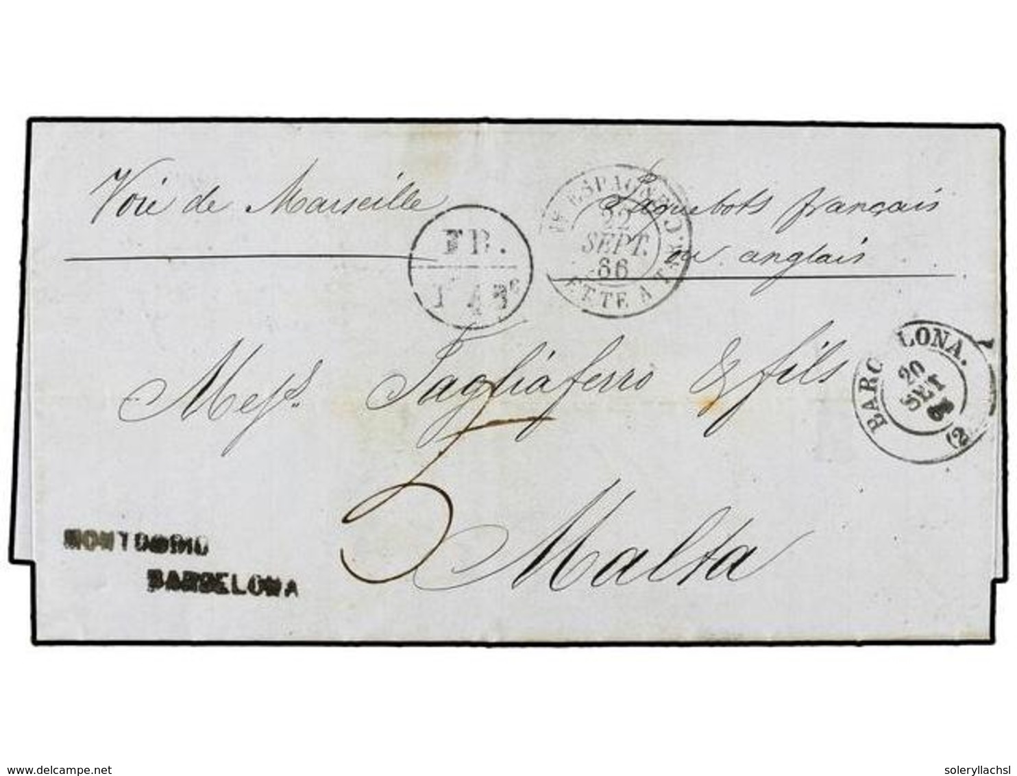 3045 MALTA. 1866. BARCELONA (Spain) To MALTA. Stampless Entire, Endorsed 'Voie De Marseille' And 'Paquebot Francais/ou A - Sonstige & Ohne Zuordnung