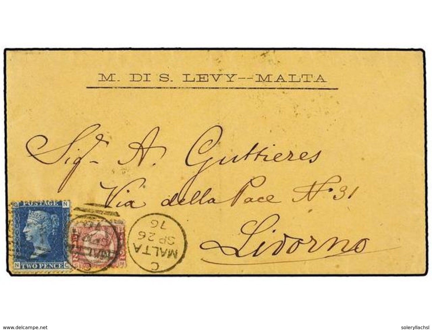 3047 MALTA. 1876. Cover To LIVORNO (Italy) Franked <B>1/2d.</B> SM, Plate 6, And <B>2d.</B> NC, Plate 14 Tied Malta Code - Sonstige & Ohne Zuordnung