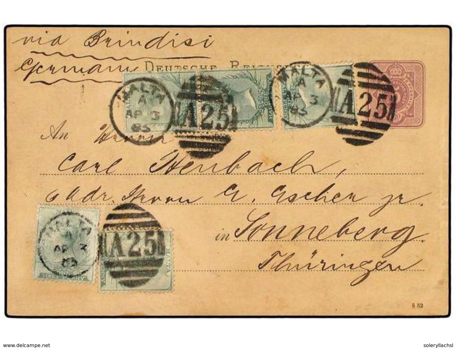 3048 MALTA. 1885 (April 3). Germany <B>5pf</B> Violet Postal Stationery Card, Used To Germany And Franked By Five Exampl - Sonstige & Ohne Zuordnung