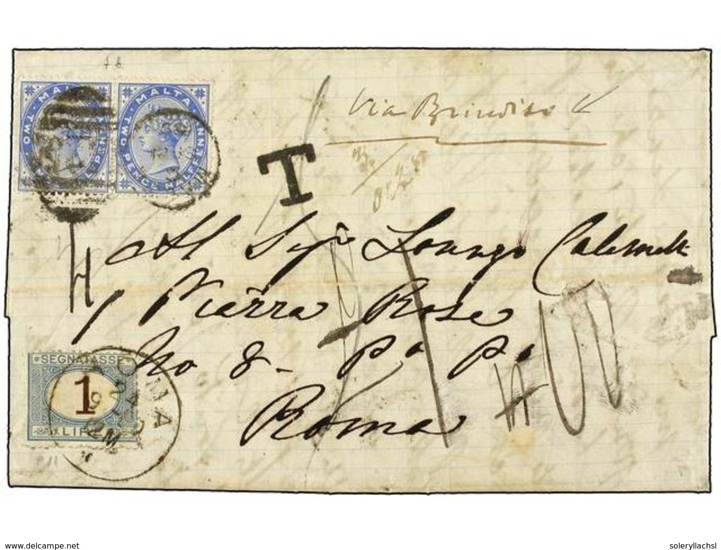 3050 MALTA. 1889. MALTA To ROMA. <B>1/2 P.</B> Blue (2) Underpaid And Taxed With Italian <B>1 Lire</B> Red And Blue Stam - Other & Unclassified