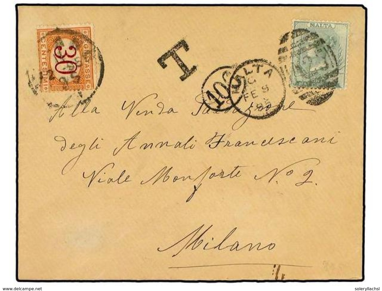 3051 MALTA. 1895 (Feb 9). Cover To MILAN Franked By Single <B>1/2 D.</B> Green Tied By Bold <B>MALTA-A25</B> Duplex. Und - Sonstige & Ohne Zuordnung