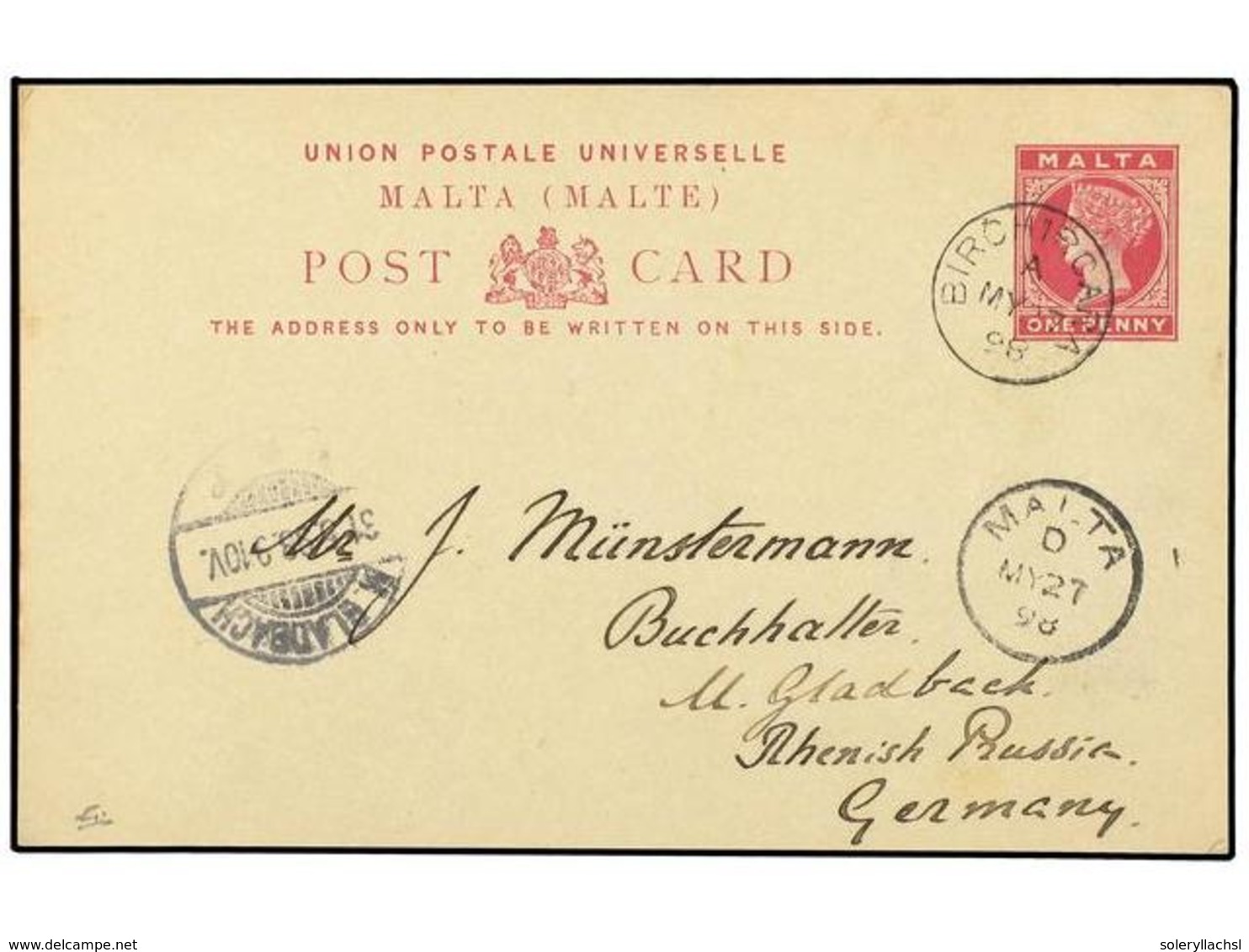 3052 MALTA. 1898 (May 27). <B>1d.</B> Carmine On Buff Postal Stationery Card Used To GERMANY, Struck With Excellent Impr - Sonstige & Ohne Zuordnung