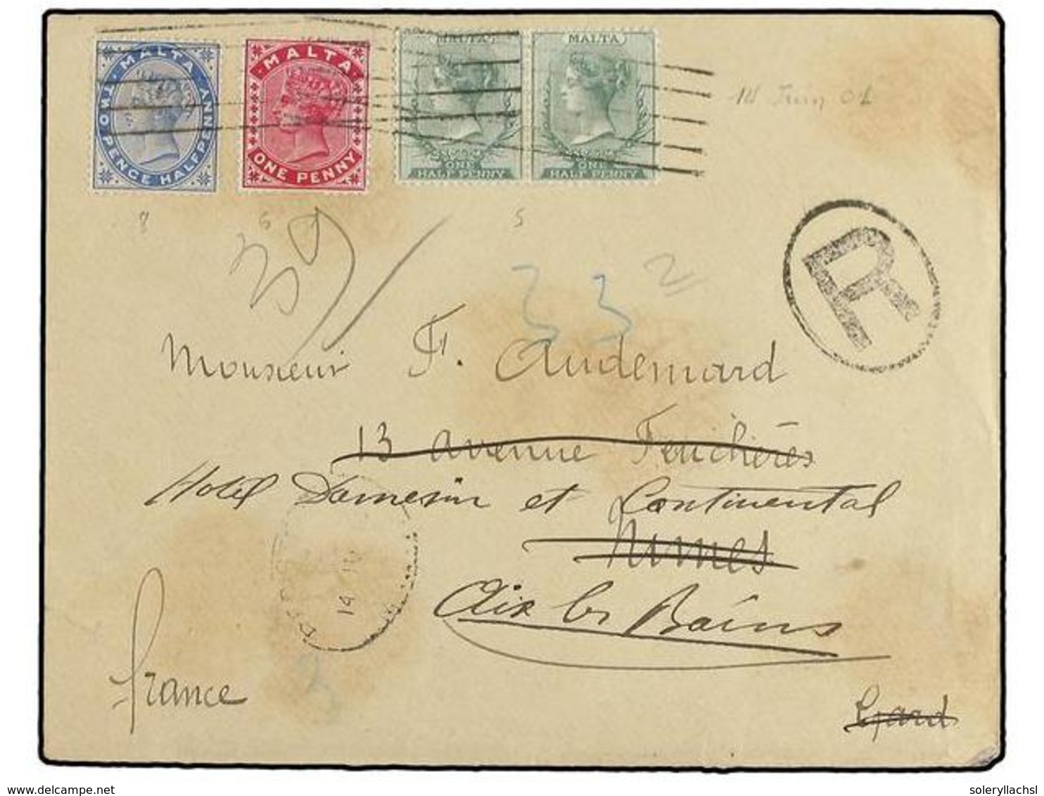 3053 MALTA. 1901. Registered Cover To France Franked By 1885-90 <B>½d.</B> Green Pair, <B>1d</B>. Carmine And <B>2½d.</B - Sonstige & Ohne Zuordnung