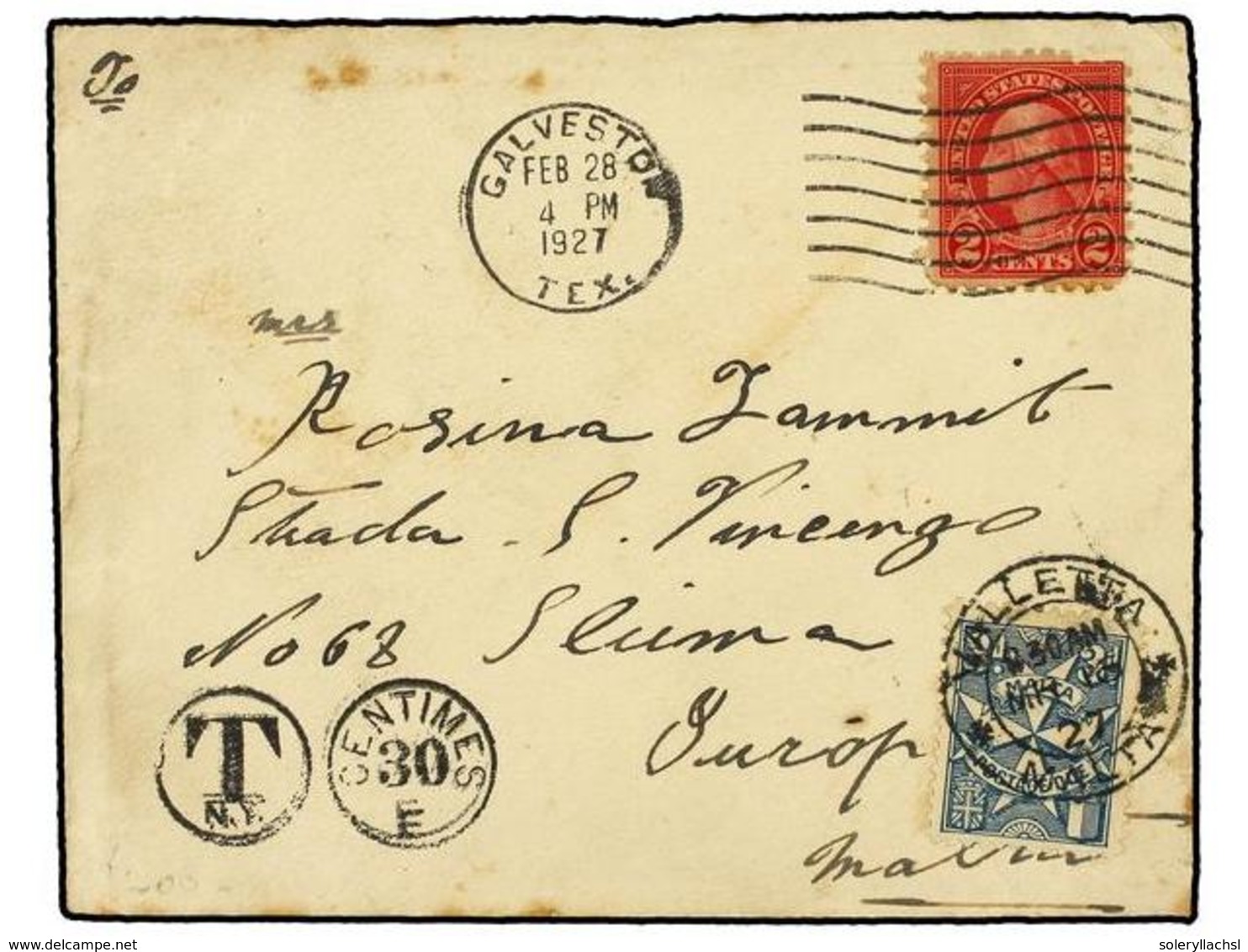 3058 MALTA. 1927. GALVESTON (U.S.A.) To VALLETTA (Malta). <B>2 Cents</B> Red (fault). Taxed On Arrival With Maltese <B>3 - Sonstige & Ohne Zuordnung