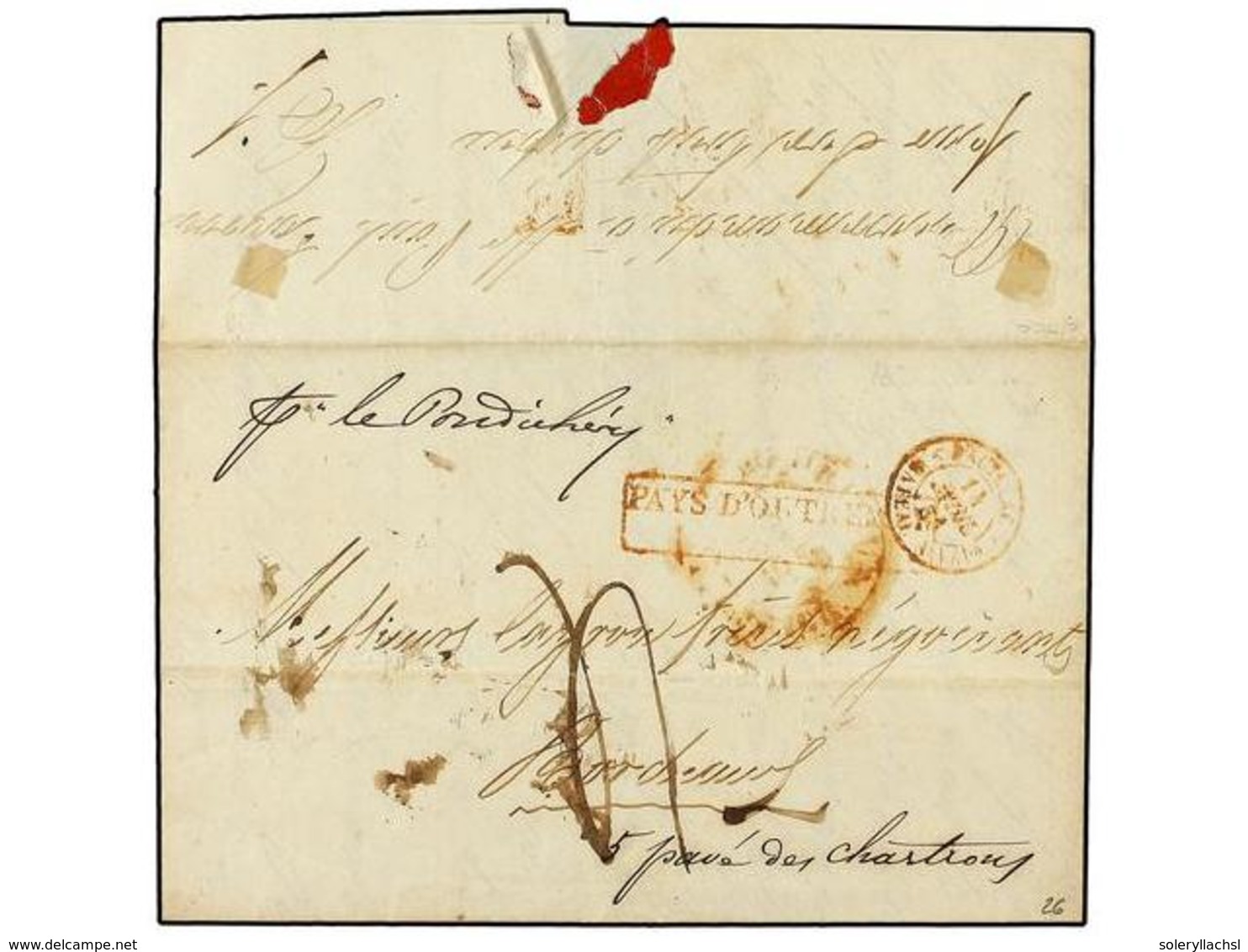 3071 FRANCIA. 1840 (Aug. 14). Entire Lettre From MAURITIUS To BORDEAUX Endorsed 'per Le Pondichéry' And Struck With <B>M - Other & Unclassified