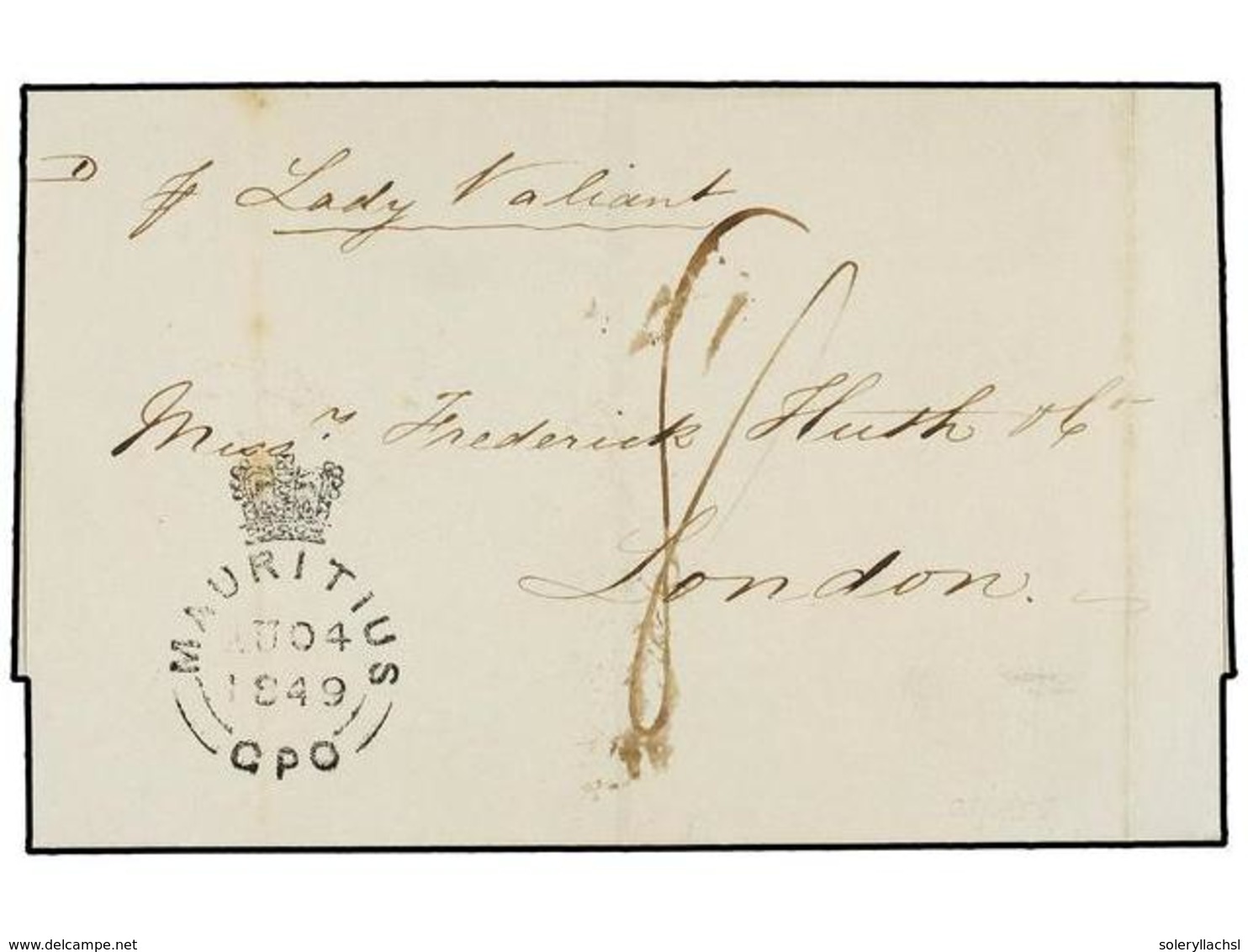3076 MAURICIO. 1849. MAURITIUS To LONDON. Folded Letter, Endorsed <I>'pr. Lady Valiant'</I> Black Crowned <B>MAURITIUS/G - Other & Unclassified