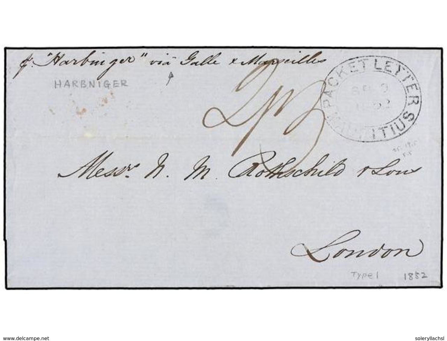3077 MAURICIO. 1852. MAURITIUS To LONDON. Folded Letter, Endorsed <I>'p. Harbuiger, Via Galle And Marseille'</I>. Oval < - Autres & Non Classés