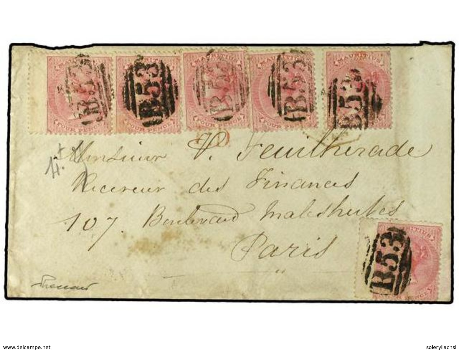 3081 MAURICIO. 1868. MAURITIUS A PARIS. <B>4 P.</B> Rosa, Seis Sellos . Mat. <B>B53</B> Al Dorso Fechador <B>MAURITIUS</ - Sonstige & Ohne Zuordnung