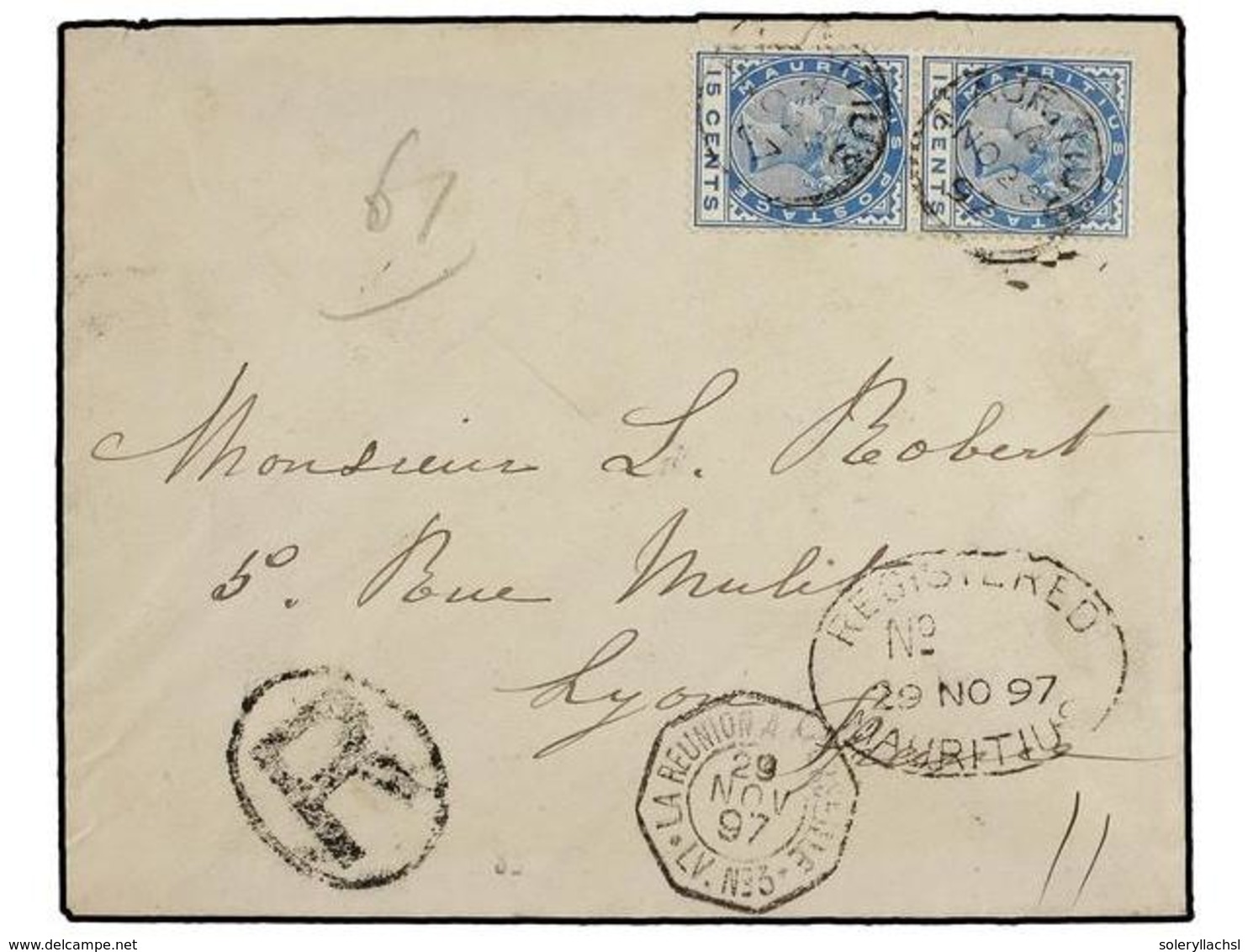 3084 MAURICIO. 1897. MAURITIUS To FRANCE. <B>15 Cts.</B> Blue (2), Registered Cover, Arrival On Back. - Sonstige & Ohne Zuordnung