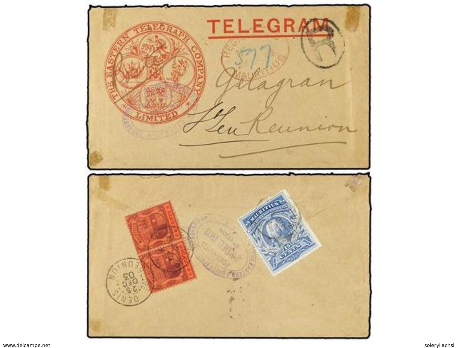 3088 MAURICIO. 1903 (Dec 23). ): 'The Eastern Telegraph Company' Envelope Registered Use To REUNION, Franked On Reverse  - Sonstige & Ohne Zuordnung