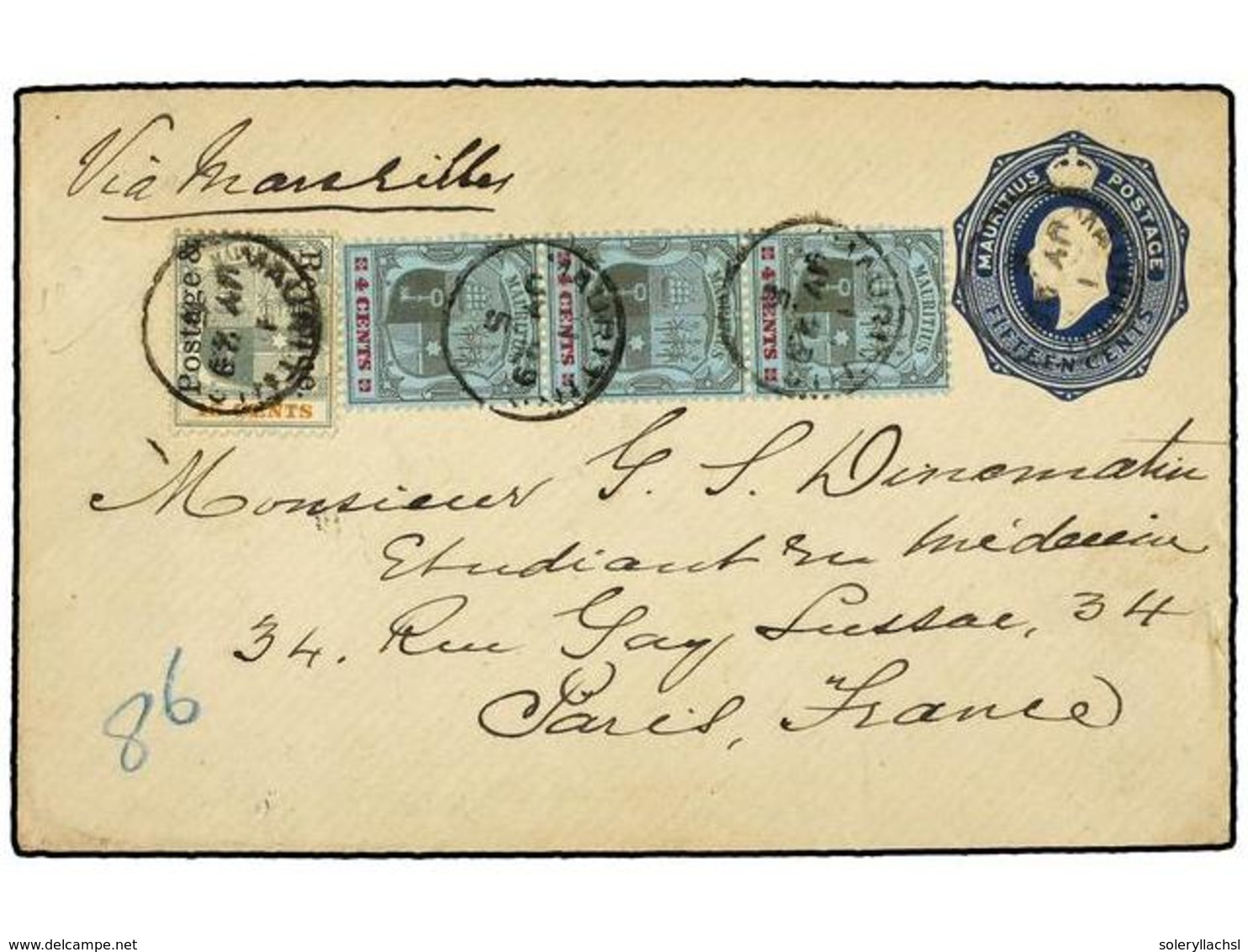 3089 MAURICIO. 1929. MAURITIUS To PARÍS. <B>15 Cts.</B> Blue Envelope Uprated By <B>4 Cts.</B> (3) And <B>15 Cts.</B> (o - Sonstige & Ohne Zuordnung