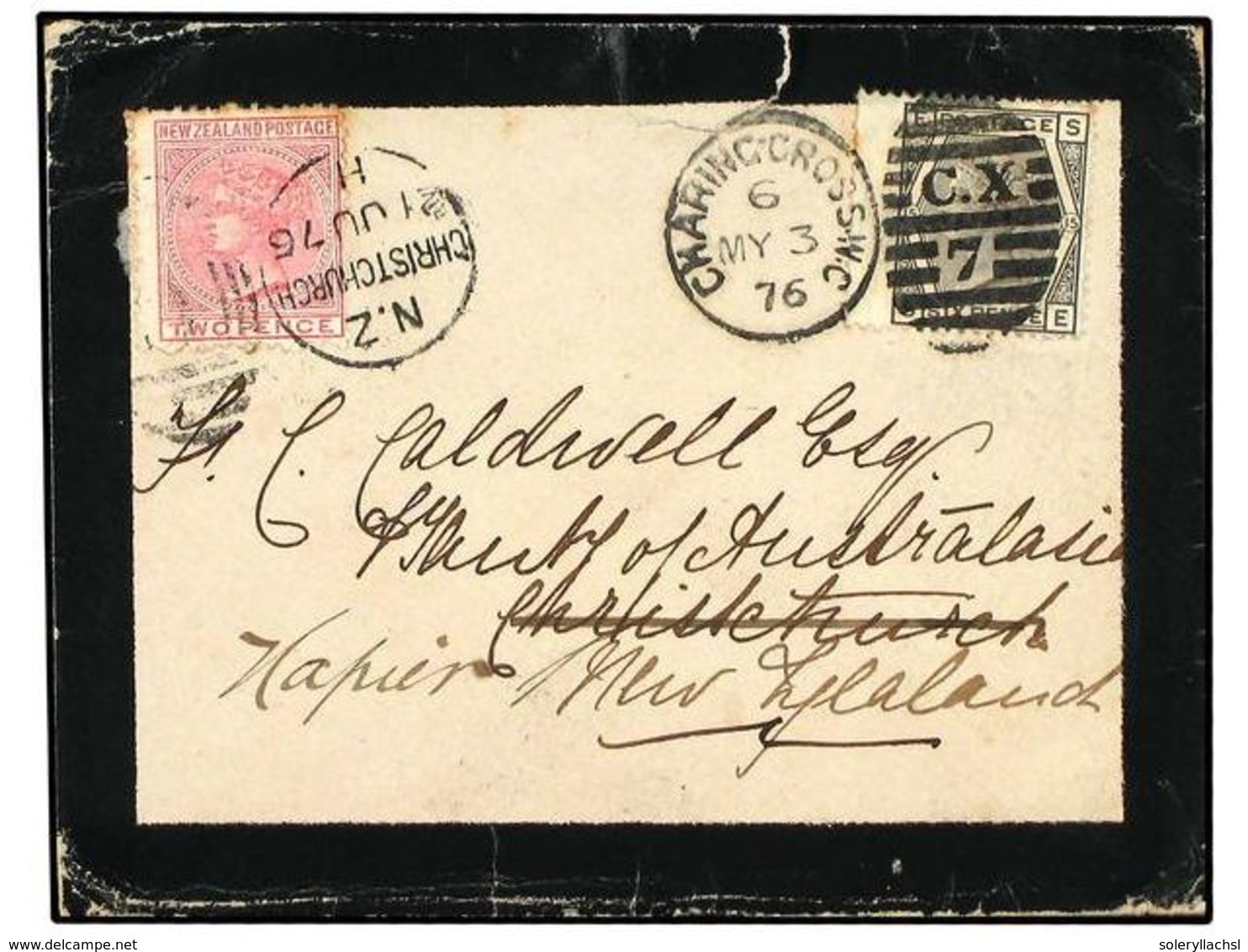 3097 NUEVA ZELANDA. 1876 (May 3). Mourning Cover To CHRISTCHURCH, New Zealand Franked By 1876 <B>6 D.</B> Grey, Pl. 15 T - Other & Unclassified