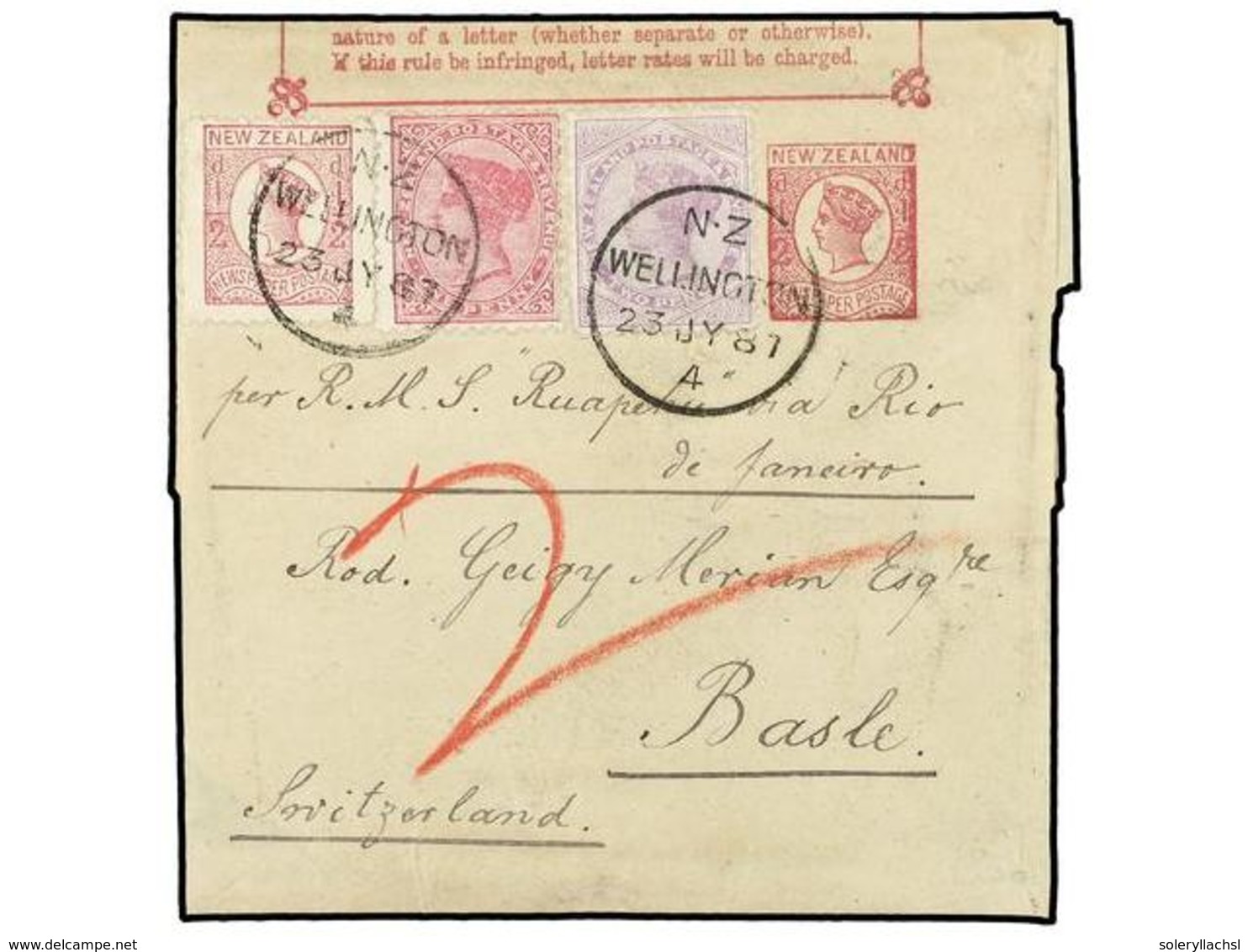 3099 NUEVA ZELANDA. 1887 (July 23). <B>½d.</B> Red On Buff Postal Stationery Newspaper Wrapper, Used To BASEL (Switzerla - Sonstige & Ohne Zuordnung