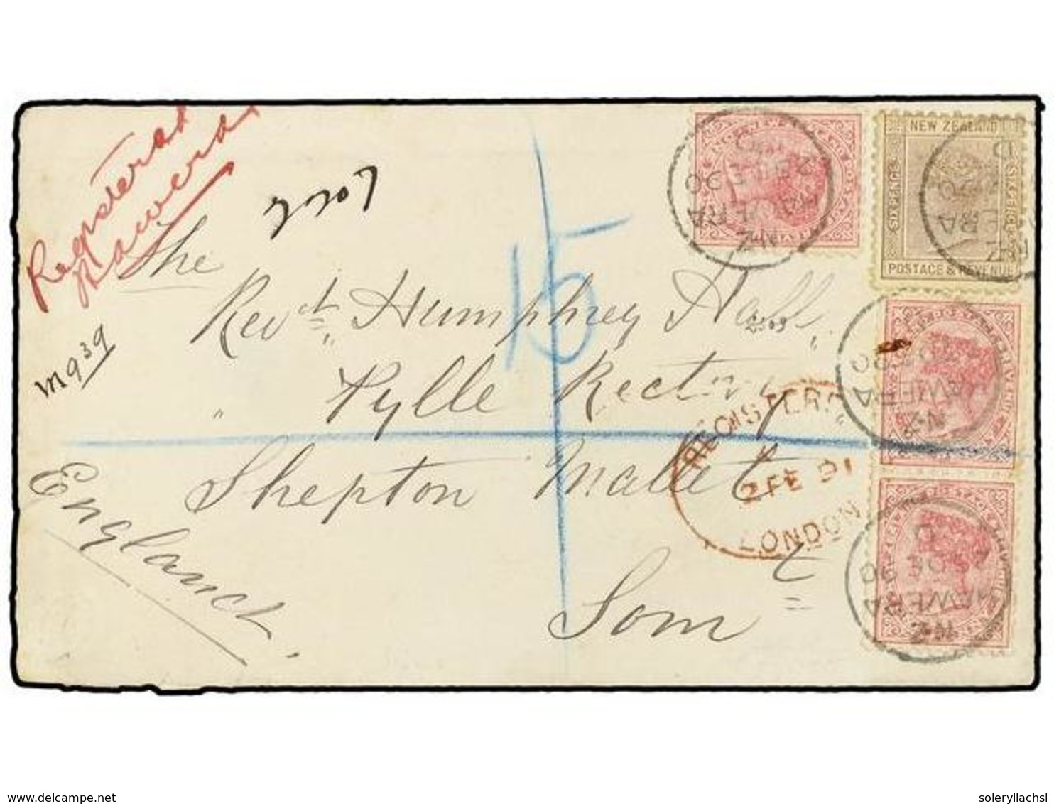 3100 NUEVA ZELANDA. 1890 (Dec 23). Registered Cover To SHEPTON MALLET (UK) Bearing 1882-90 <B>1d.</B> Rose (3) And 6d. B - Other & Unclassified