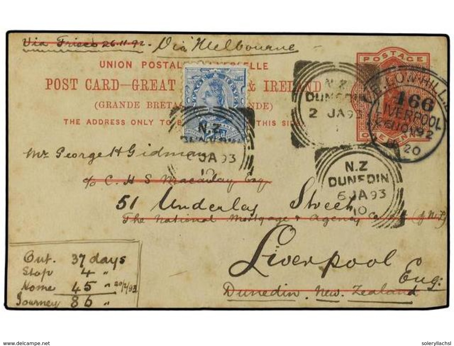 3102 NUEVA ZELANDA. 1893 (Jan 6). GB <B>1d</B>. Red Universal Stationery Card With Message (and Reply) On Reverse Writte - Other & Unclassified