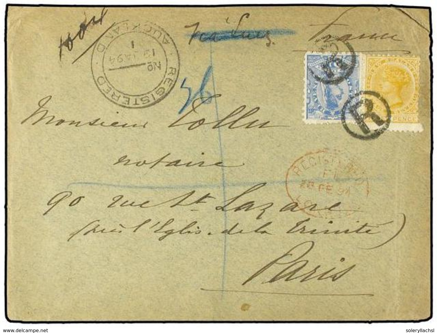 3103 NUEVA ZELANDA. 1894. Registered Envelope To Paris, France, Franked <B>2½d</B>. + <B>3d</B> Tied By Small-circled <B - Other & Unclassified