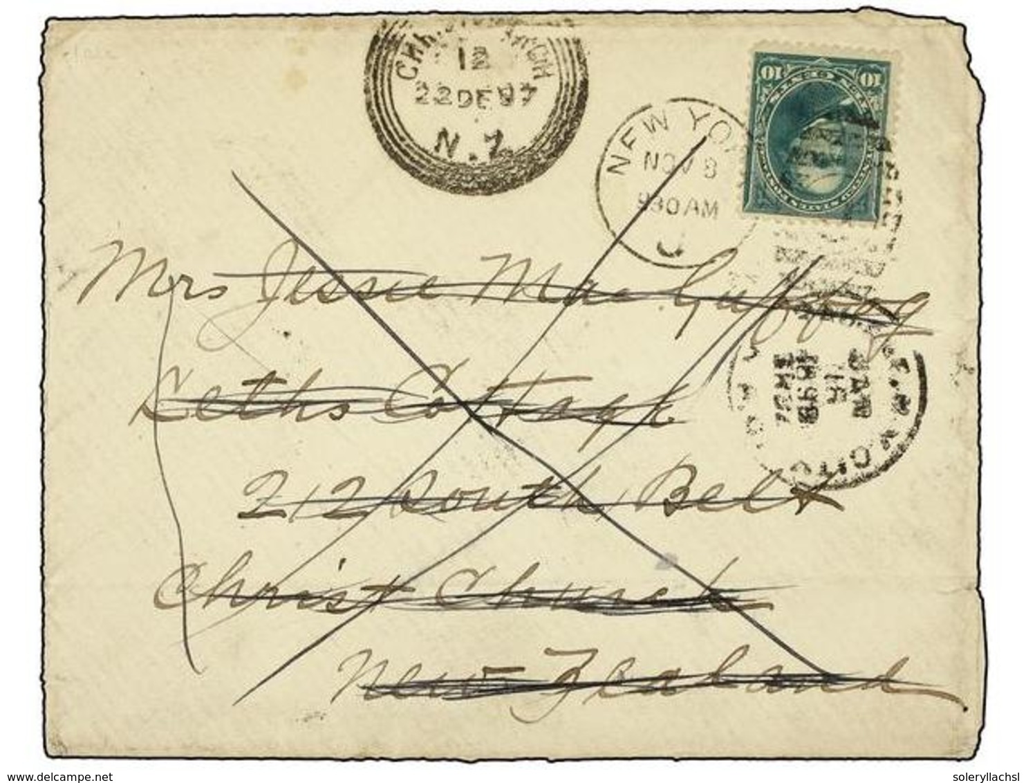 3104 NUEVA ZELANDA. 1897. U.S.A. To NEW ZEALAND. <B>10 Cents</B> Green Redirected To NEW YORK With New Zealand <B>1 P.</ - Other & Unclassified