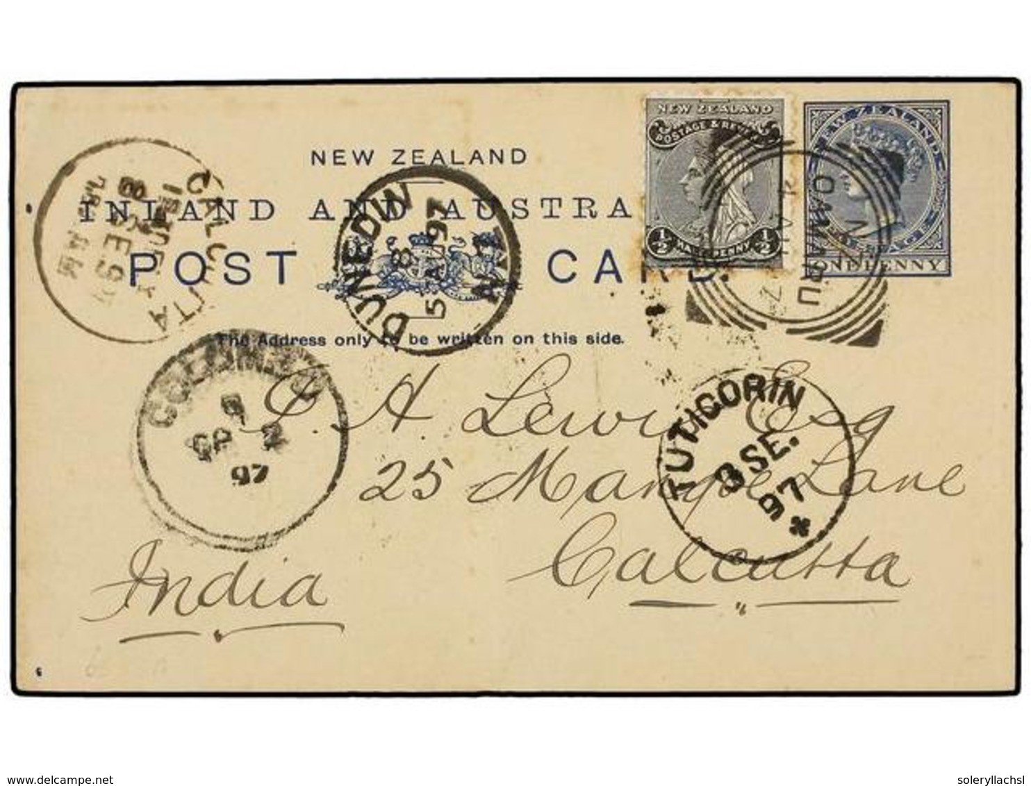 3105 NUEVA ZELANDA. Sg.194. 1897. OMARU To CALCUTTA (India). Portal Stationary Card Uprated With <B>1/2 P. </B>black Sta - Other & Unclassified