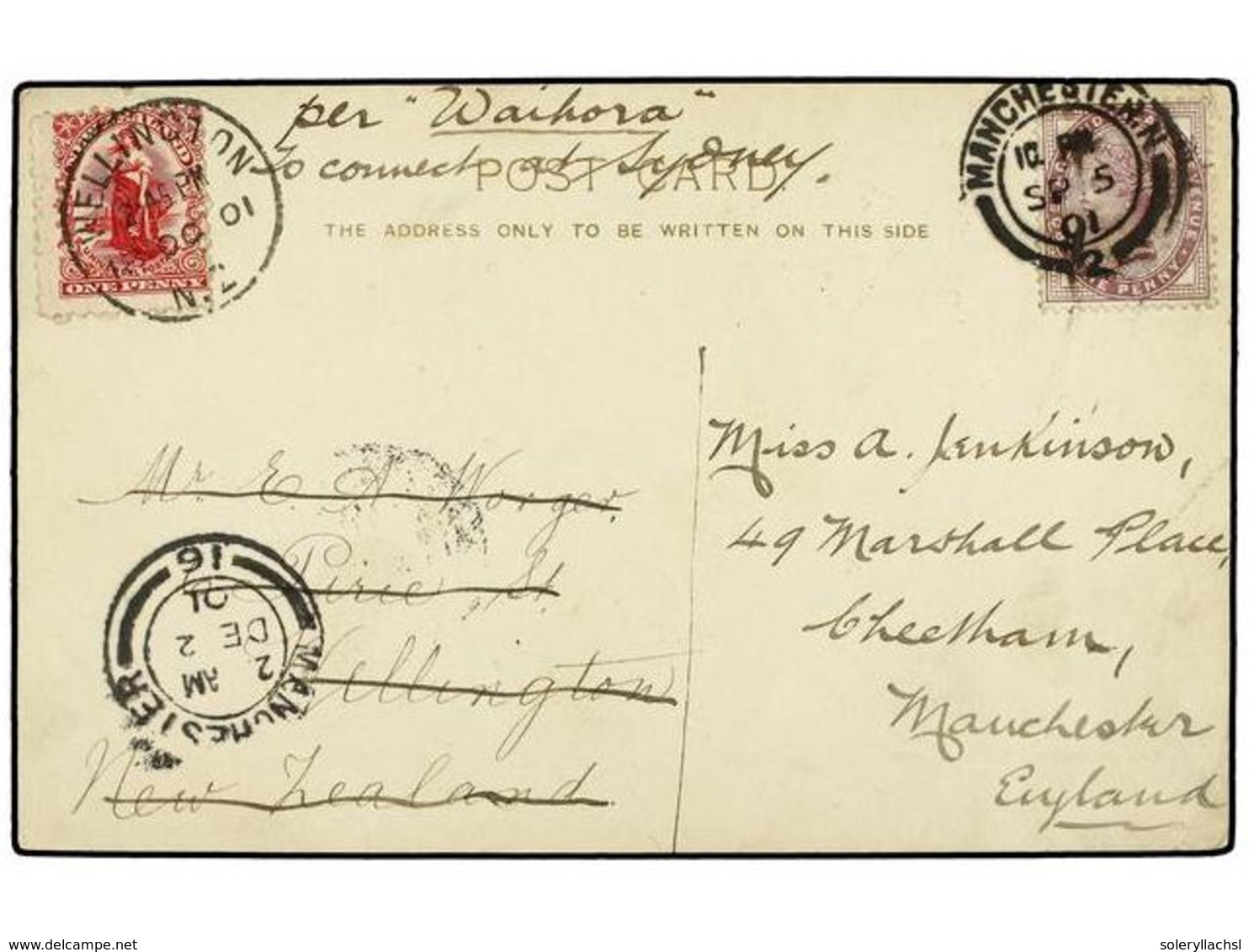 3107 NUEVA ZELANDA. 1901. MANCHESTER To WELLINGTON (New Zealand). Postcard Franked With British <B>1 D.</B> Lilac Redire - Sonstige & Ohne Zuordnung