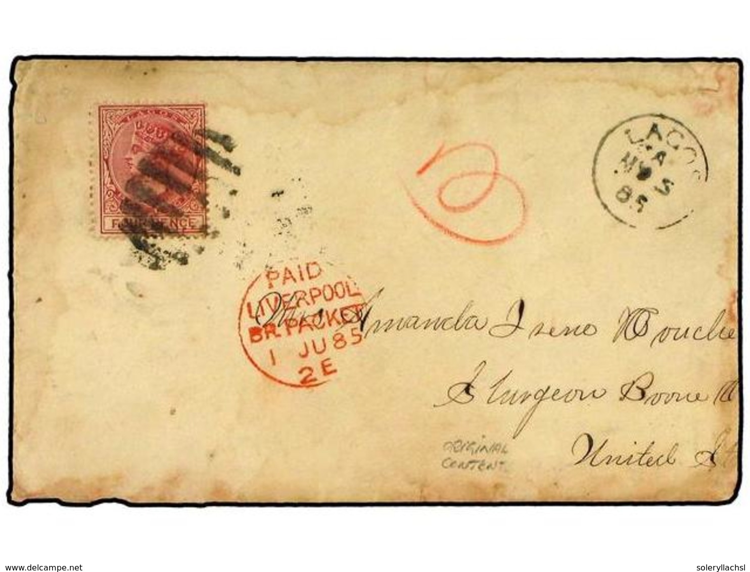 3110 NIGERIA. Sg.20. 1885. Cover (with Original Contents) Bearing <B>4 P.</B> Red Cancelled By The Oval Grid Of Bars, Su - Sonstige & Ohne Zuordnung