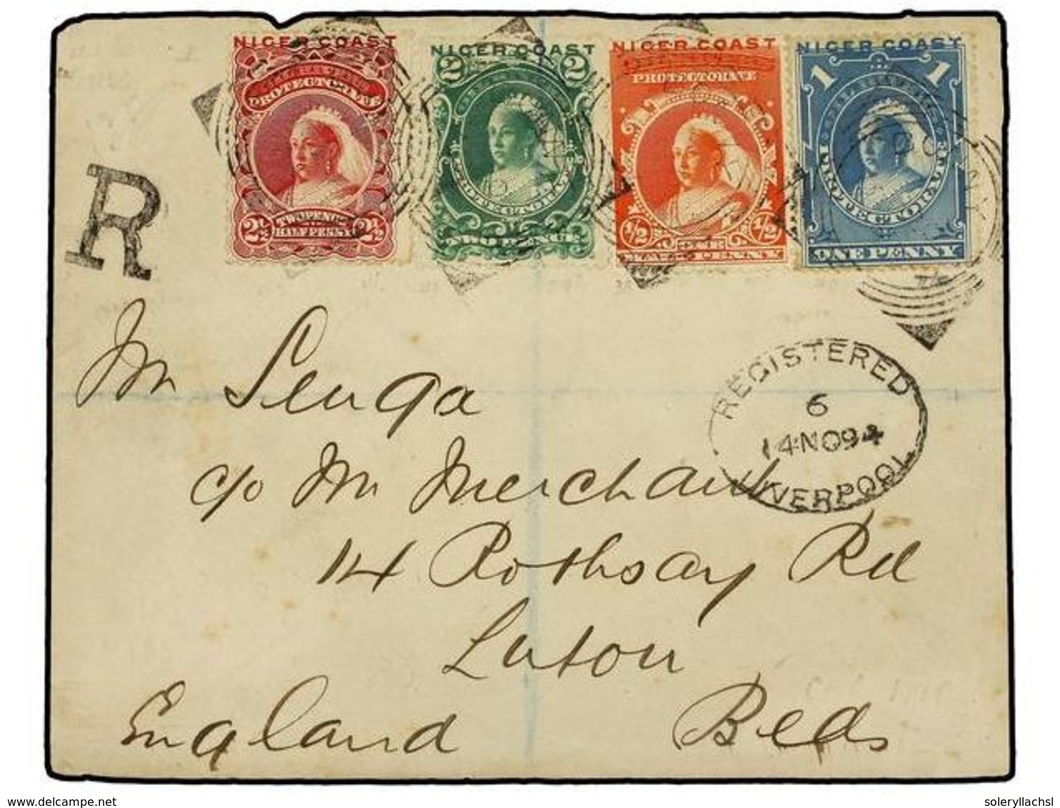 3113 NIGERIA. 1894 (Oct.). Envelope Registered To LUTON, Bearing 1894 (Jan) <B>1/2 D.</B> Vermilion <B>1 D.</B> Dull Blu - Sonstige & Ohne Zuordnung