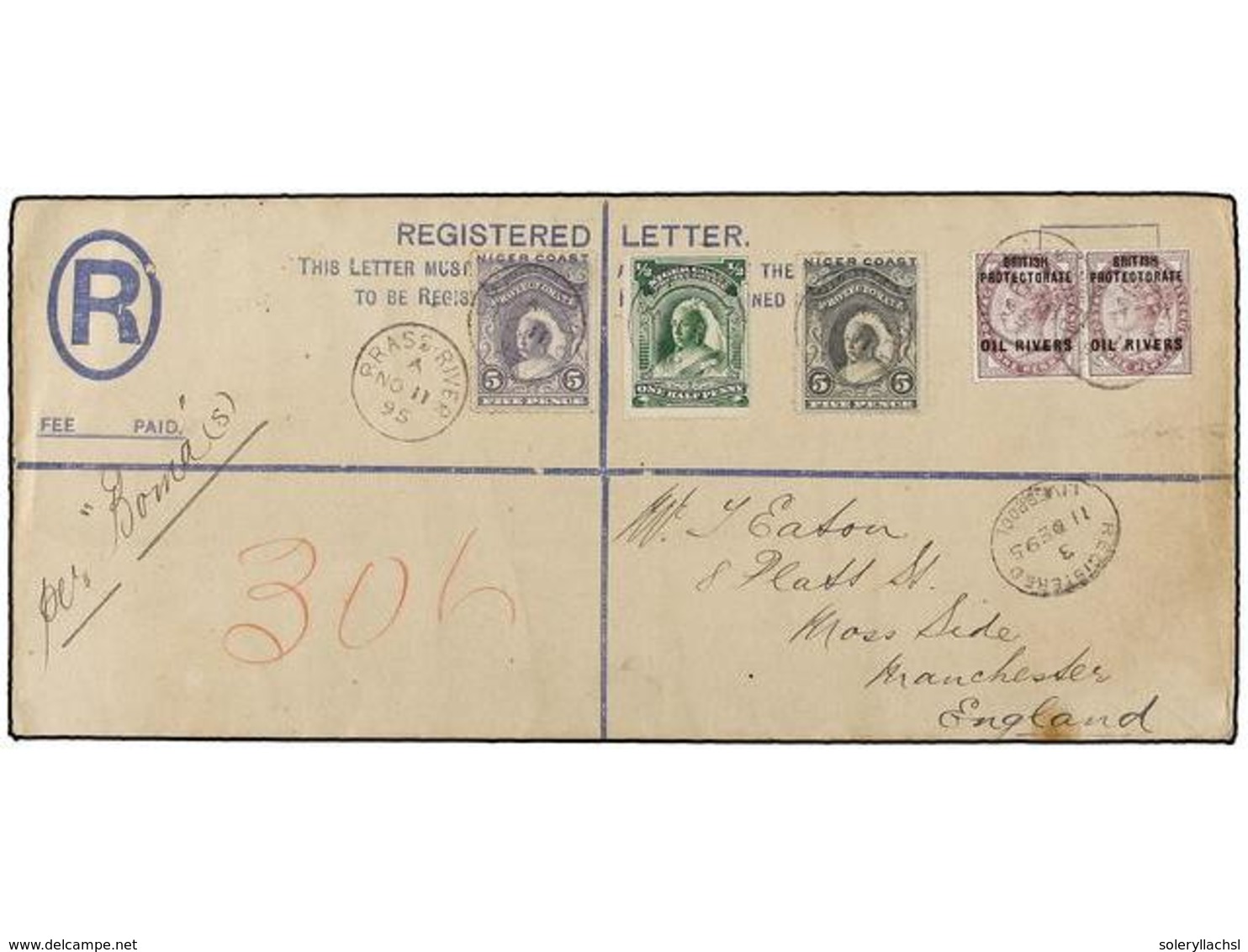 3114 NIGERIA. 1895. BRASS RIVER To ENGLAND. Registered Envelope <B>2 P.</B> Uprated By <B>1 Pl.</B> Lilac (2),<B> 1/2 P. - Sonstige & Ohne Zuordnung