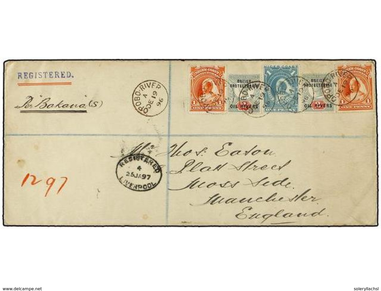 3116 NIGERIA. 1896 (19 Dec.). Envelope (227x100 Mm.) Registered To MANCHESTER, Marked 'Per Bakana', Bearing 1892 <B>2d.< - Other & Unclassified
