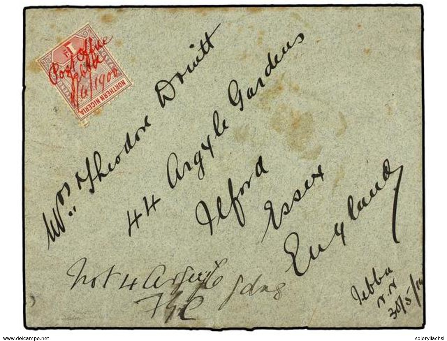 3119 NIGERIA. 1900 (June). Envelope To ESSEX, Bearing 1900<B> 1 D.</B> At Upper Left Tied By Manuscript 'Post Office, Je - Autres & Non Classés